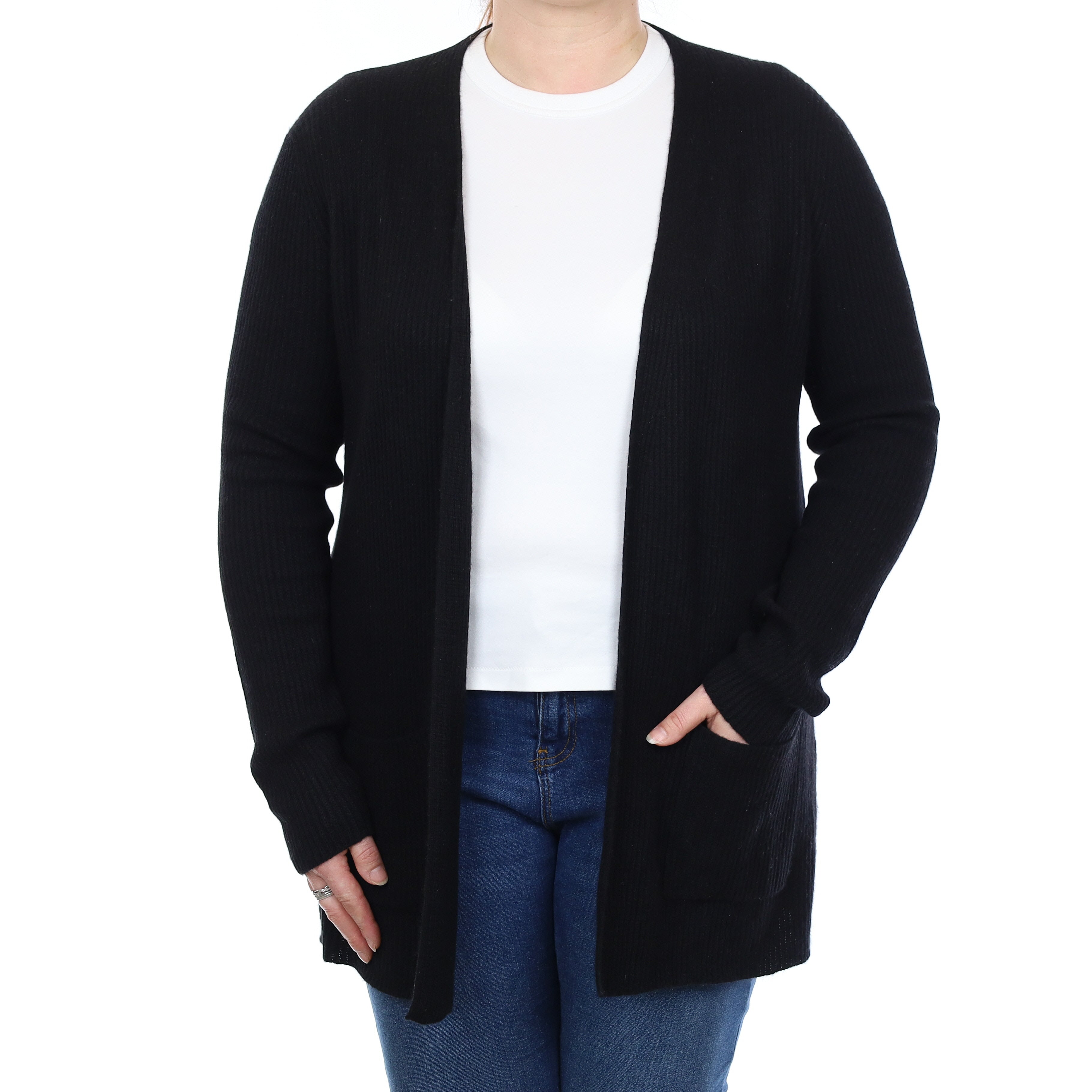 Black Heavy Rib Cashmere Edge to Edge Cardigan with Pockets Large