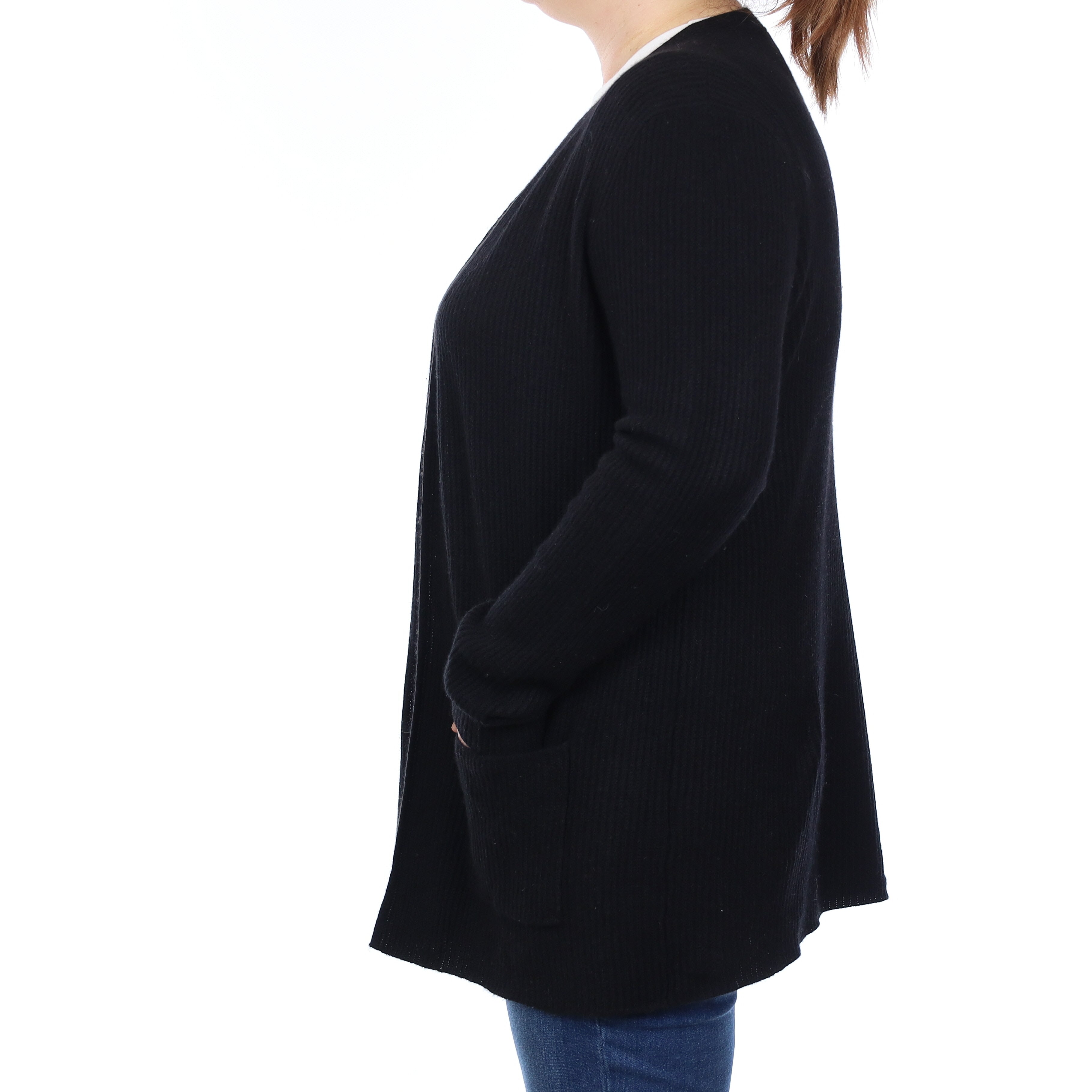 Black Heavy Rib Cashmere Edge to Edge Cardigan with Pockets Large