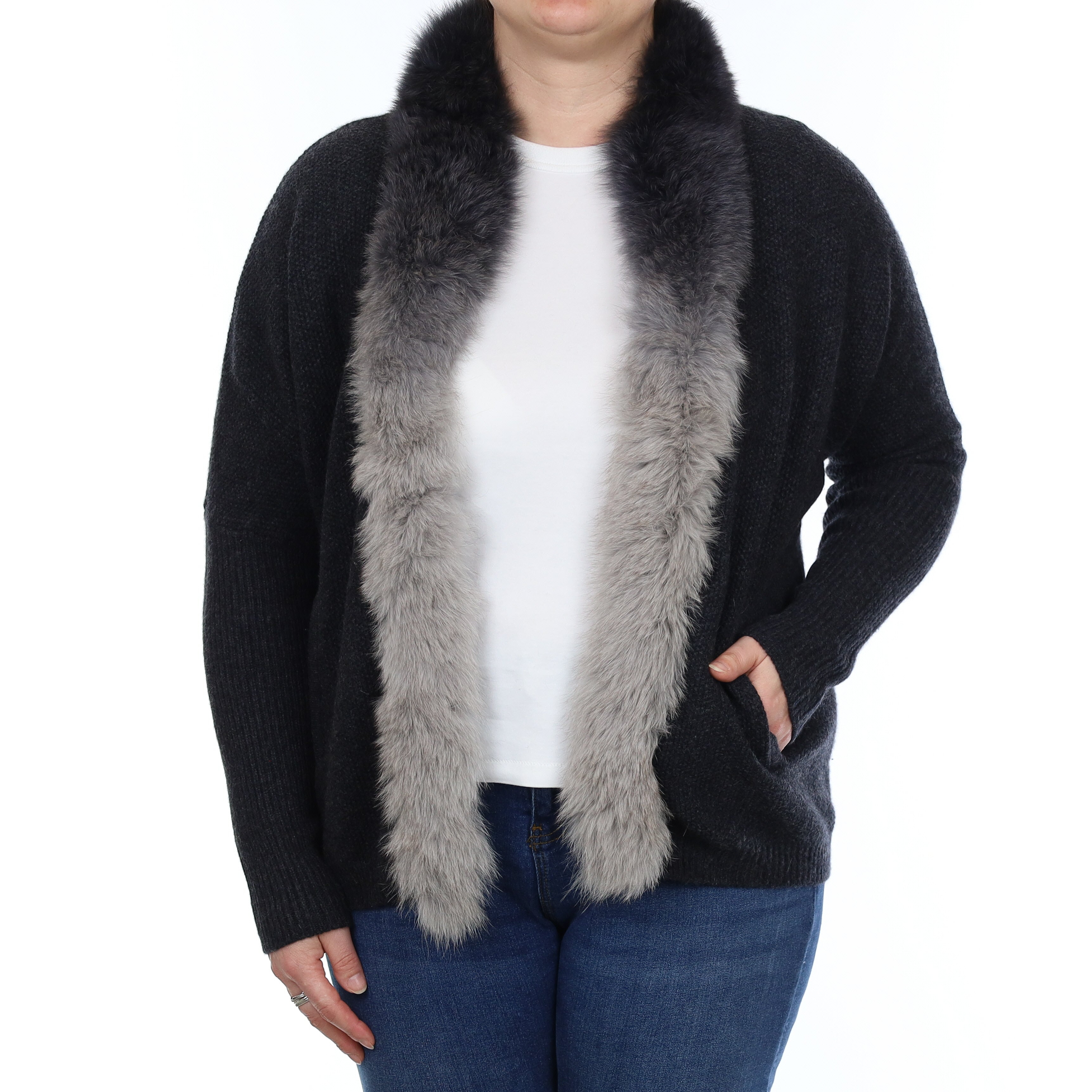 Charcoal Grey Textured Cashmere Fur Trimmed Cardigan with Pockets Large