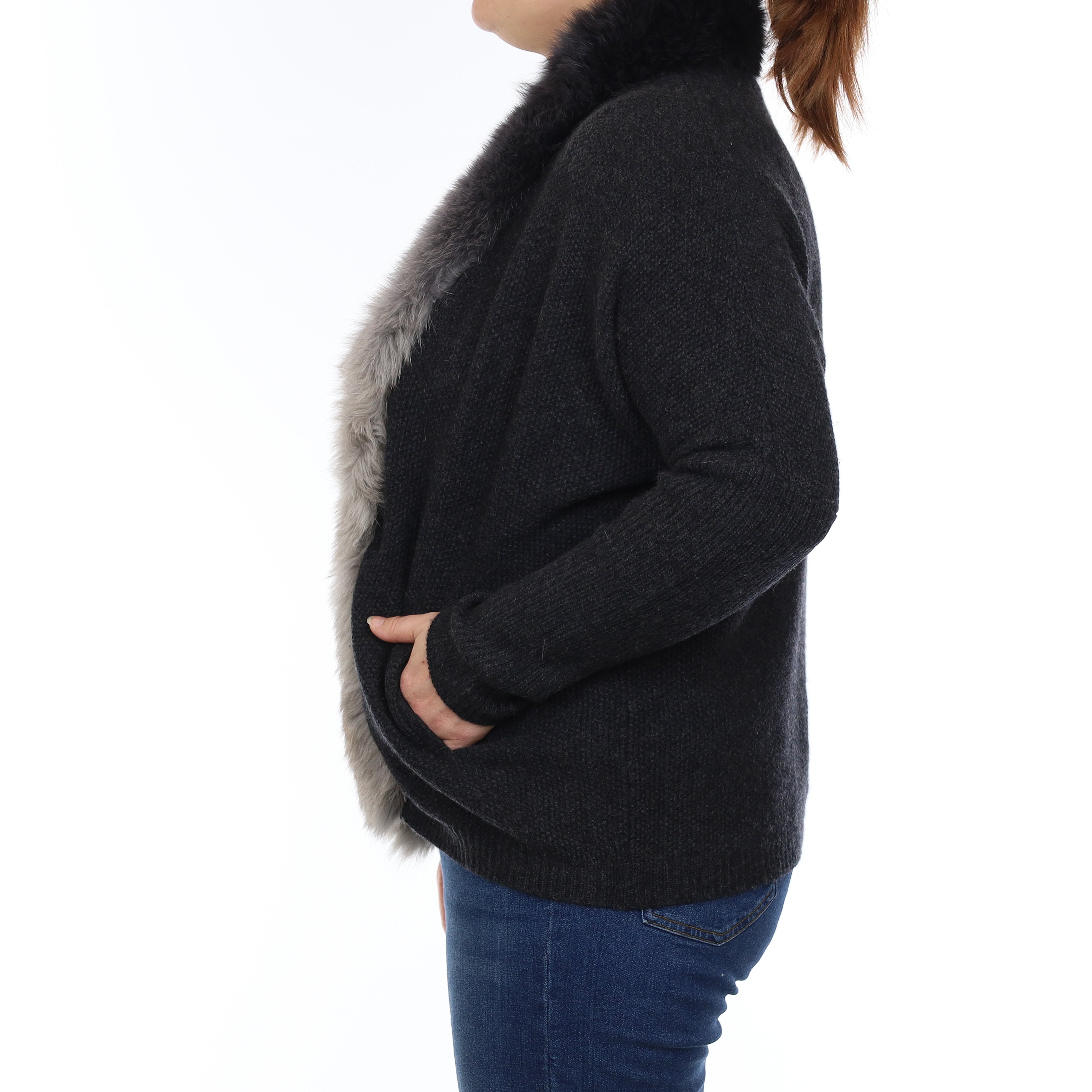 Charcoal Grey Textured Cashmere Fur Trimmed Cardigan with Pockets Large