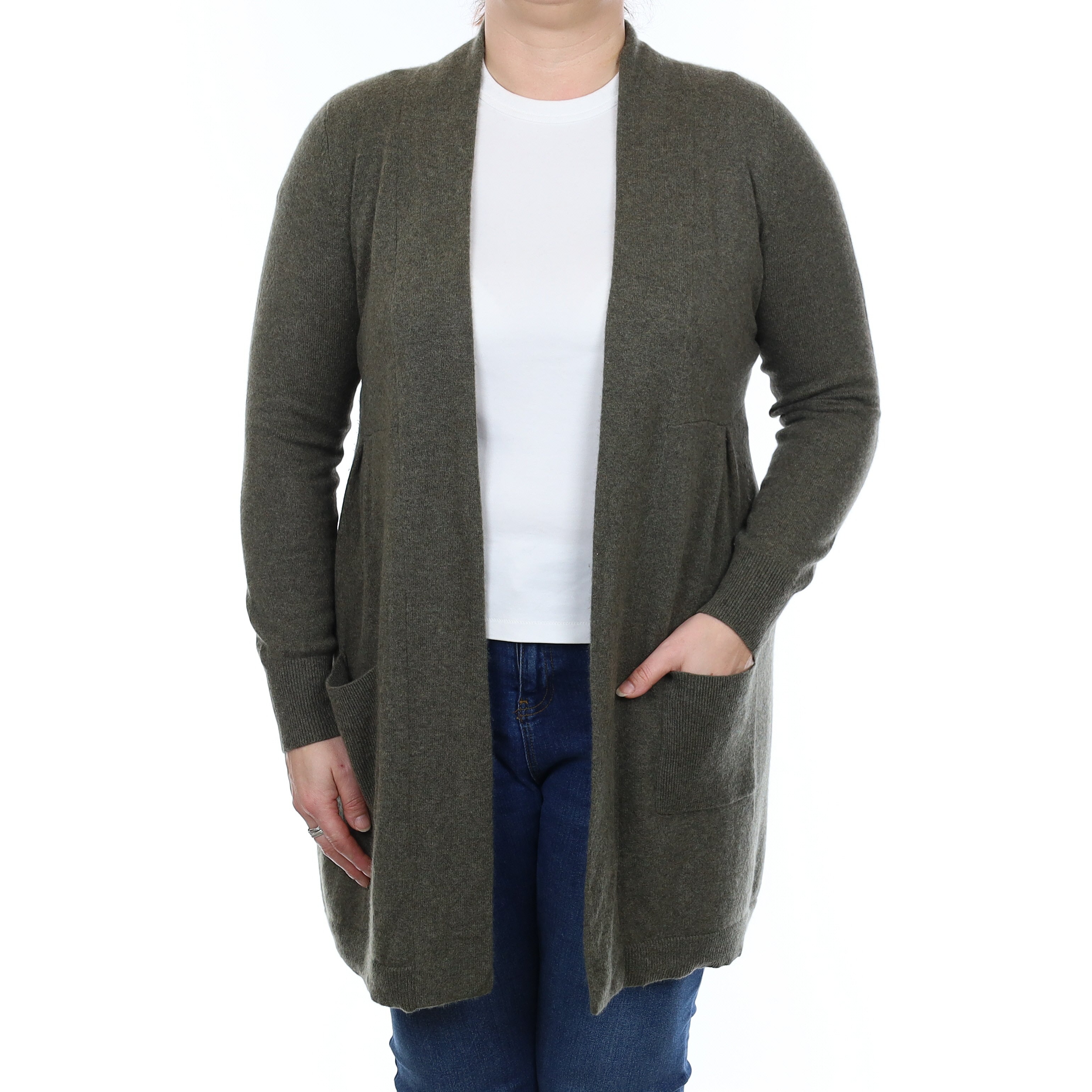 Khaki Green Cashmere Long Empire Line Cardigan with Pockets Large