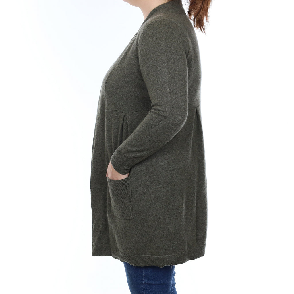 Khaki Green Cashmere Long Empire Line Cardigan with Pockets Large