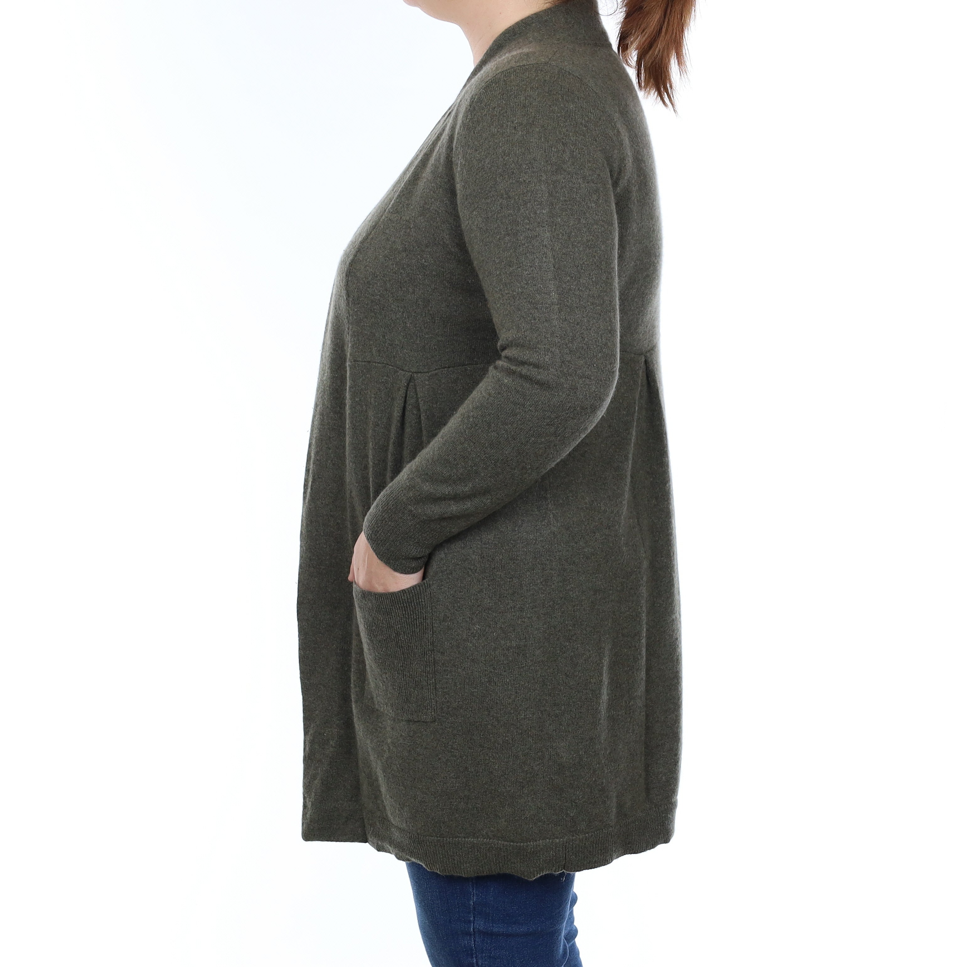 Khaki Green Cashmere Long Empire Line Cardigan with Pockets Large