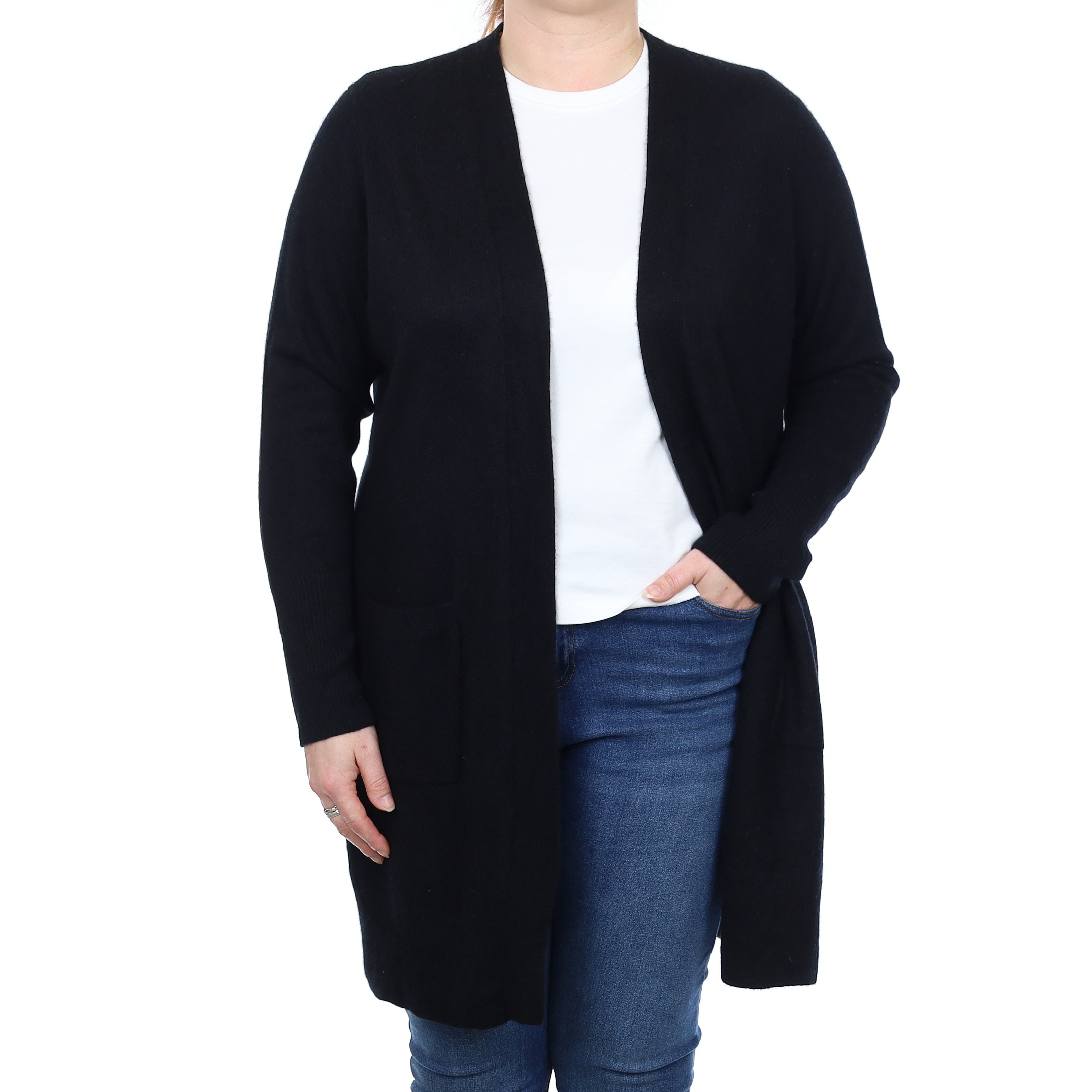 Black Cashmere Longline Edge To a Edge Cardigan with Pockets Large