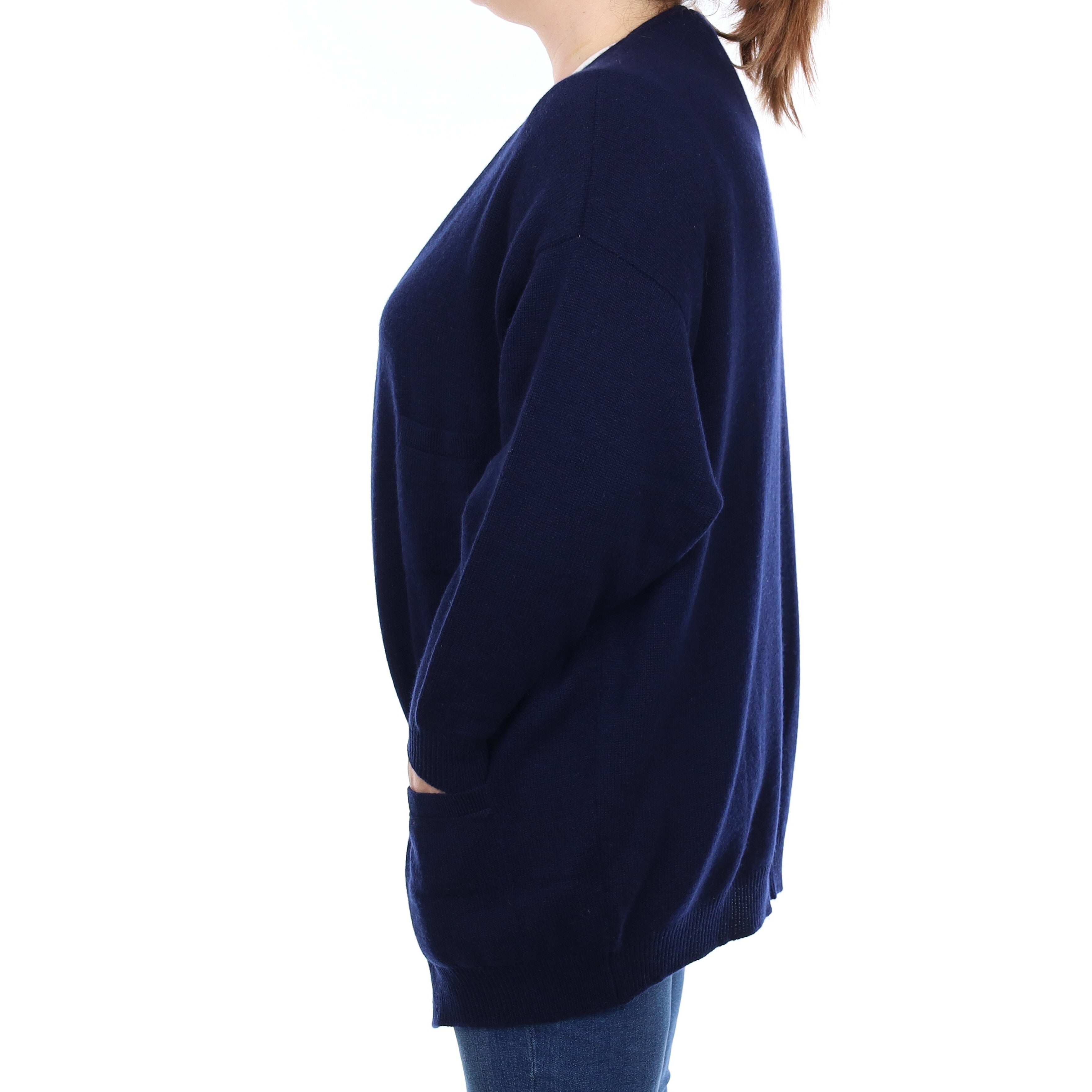 Brand New Scottish Navy Cashmere Edge To Edge Cardigan with Pockets Large