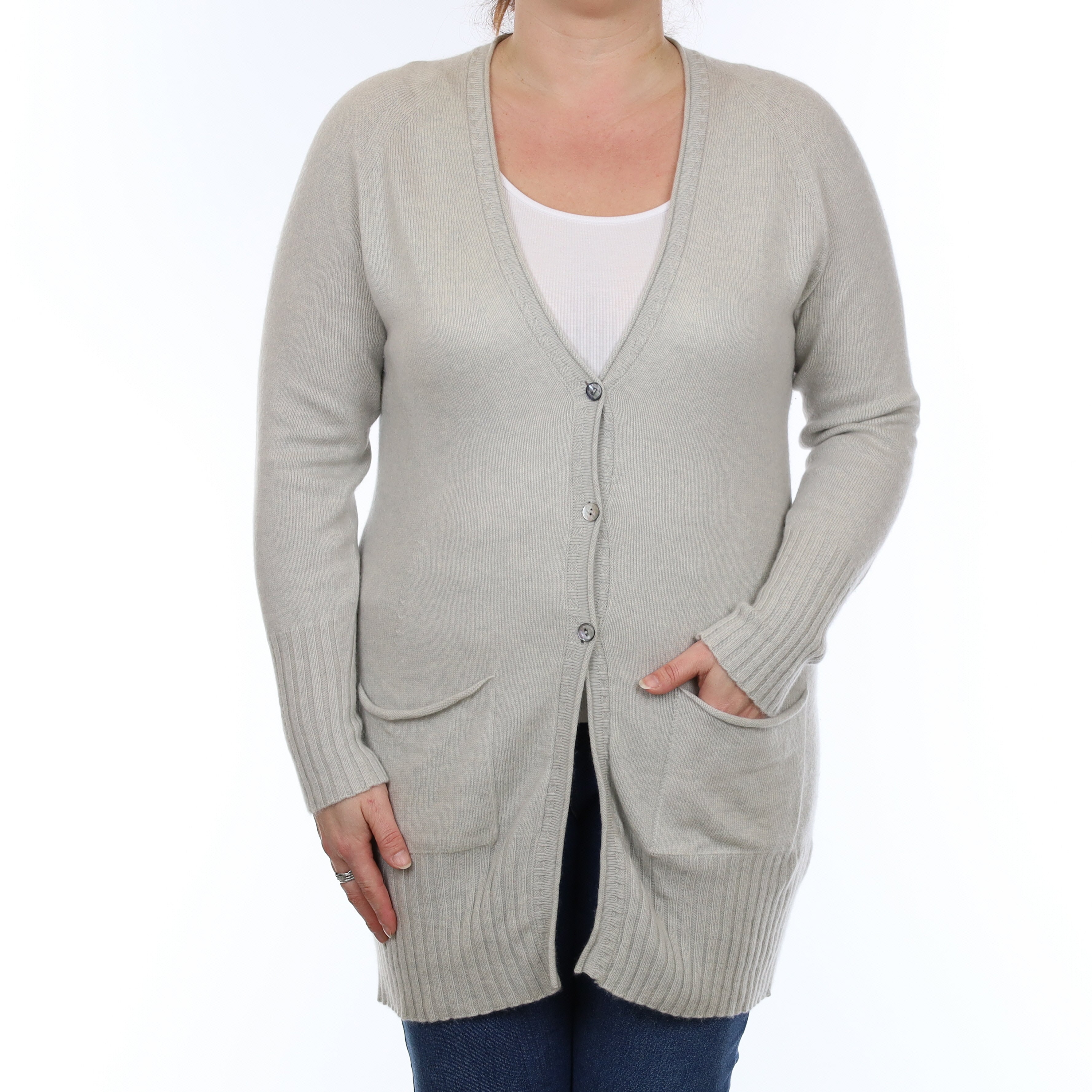 Opal Green Cashmere Longline V Neck Cardigan with Pockets Large