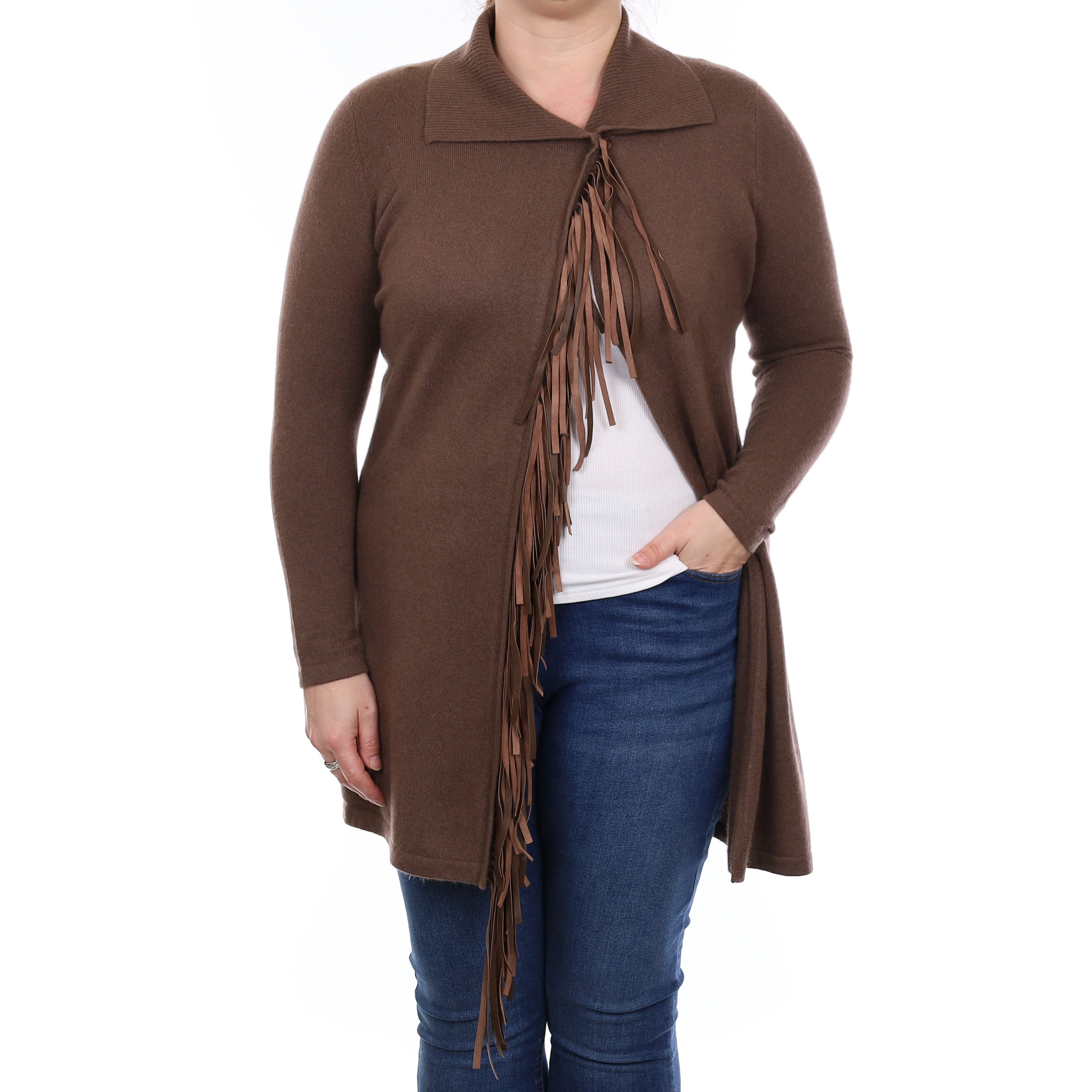 Mocha Brown Tassel Edged Cashmere Longline Cardigan with Collar Large