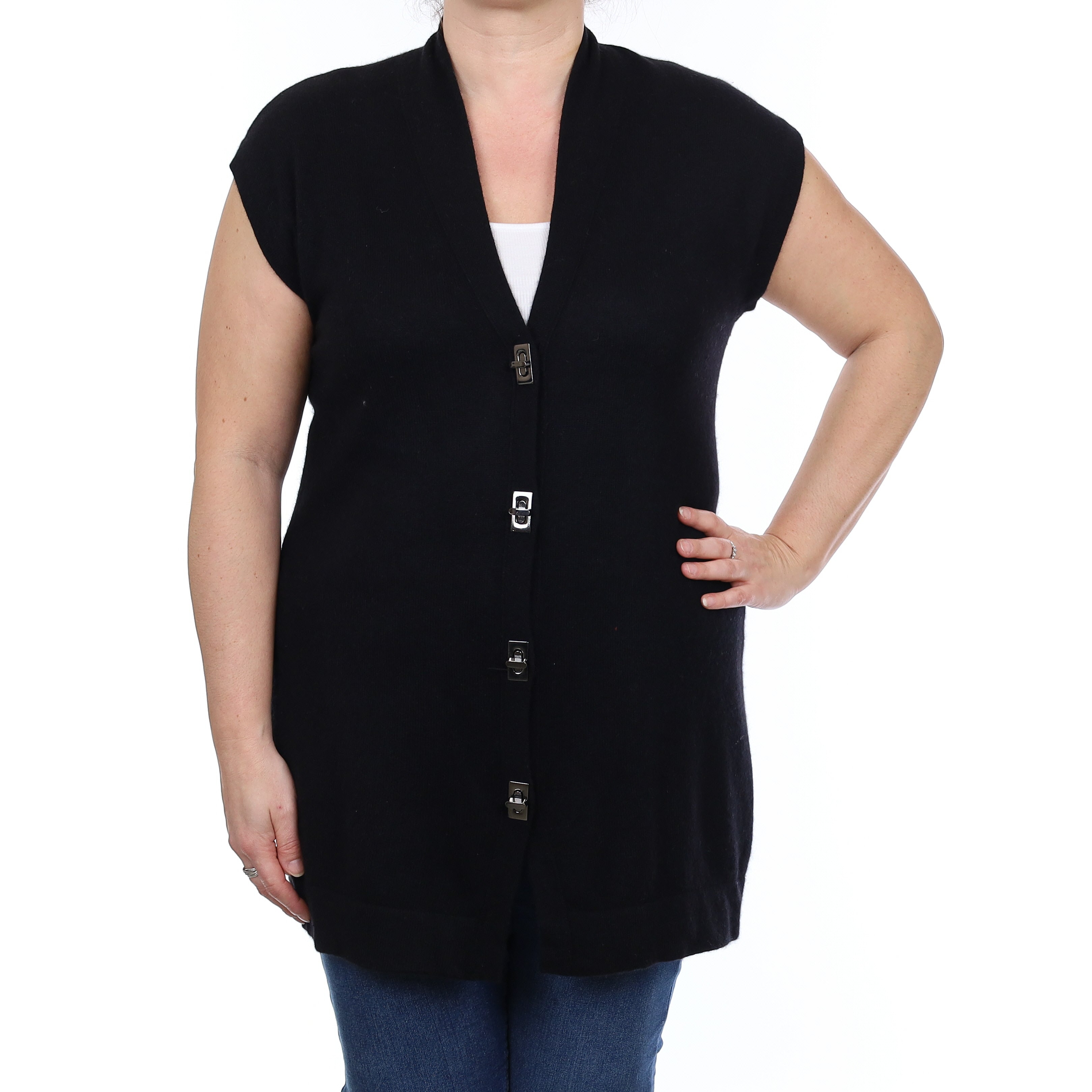 Black Cashmere Longline Sleeveless V Neck Cardigan Large