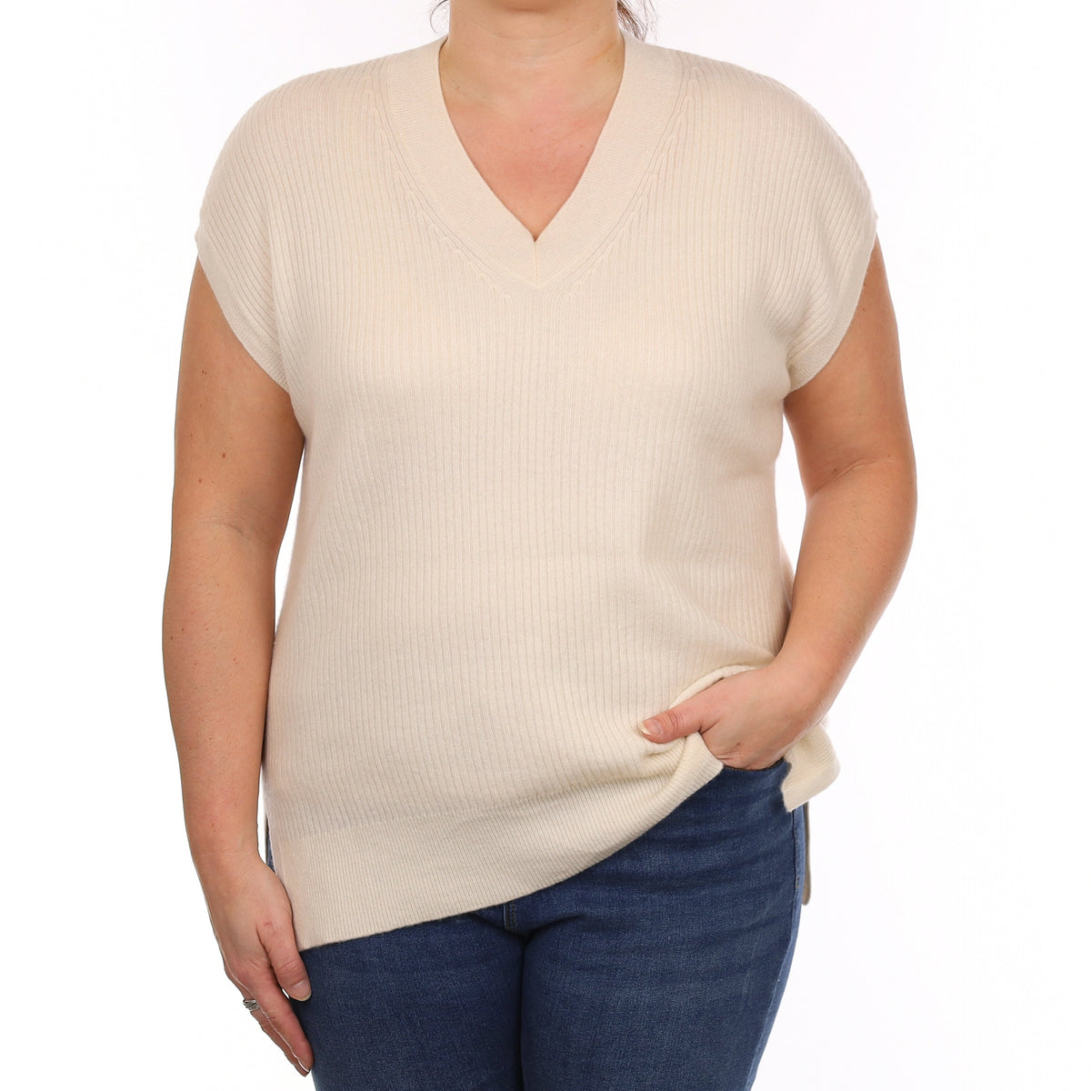 Vanilla Cream Cashmere  V Neck Tank Top Large