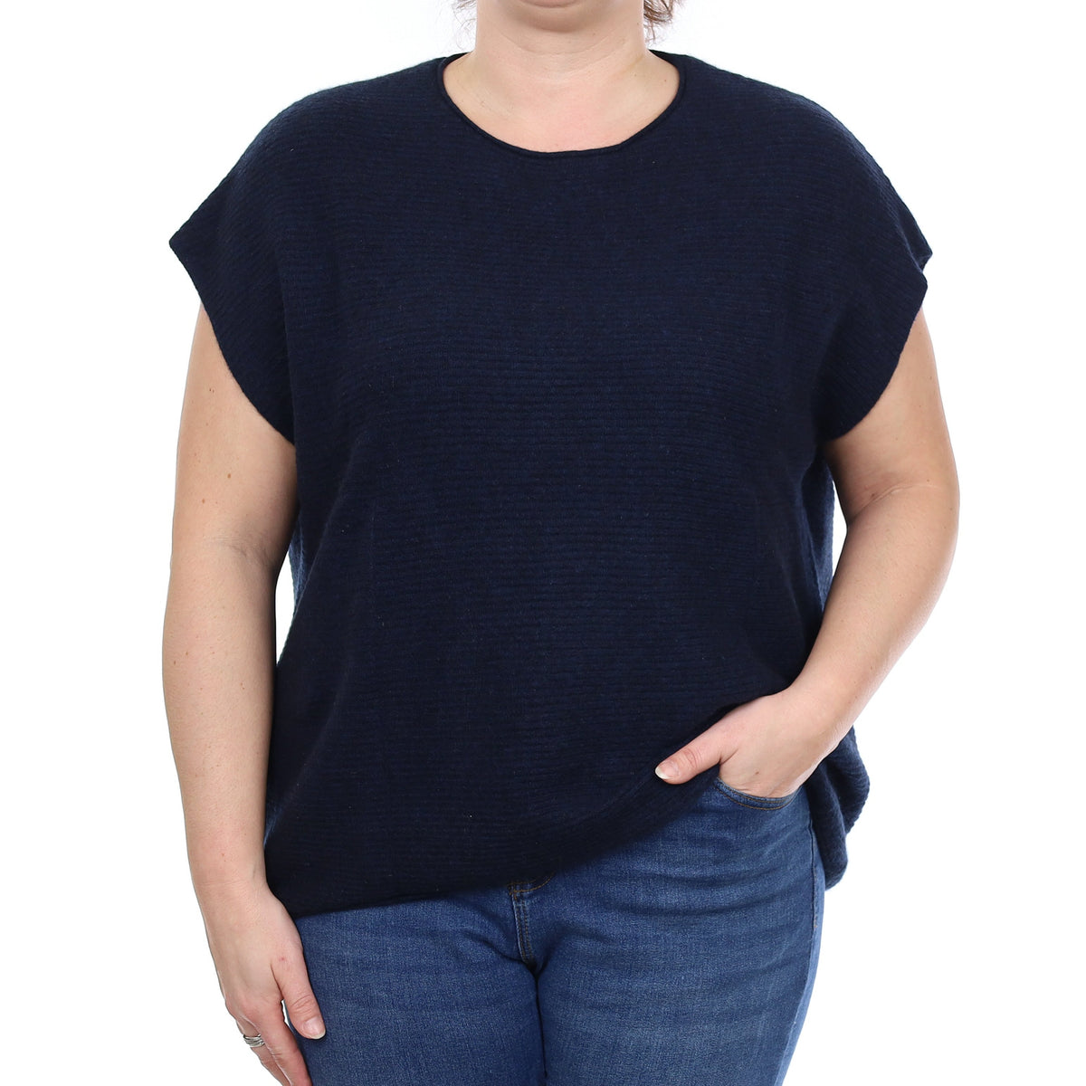Kujten Navy Rib Cashmere Sleeveless Crew Neck Tunic Large