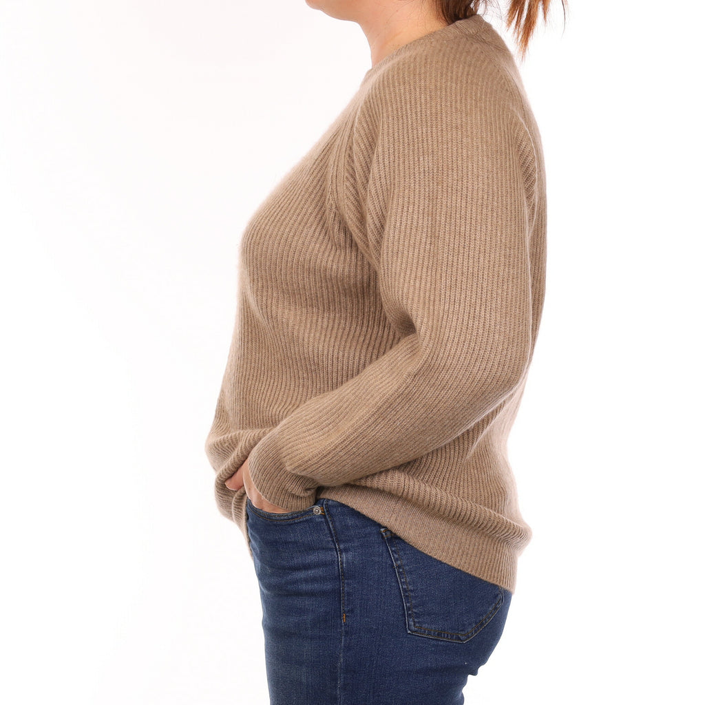Taupe Brown Chunky Rib Cashmere Crew Neck Jumper Large