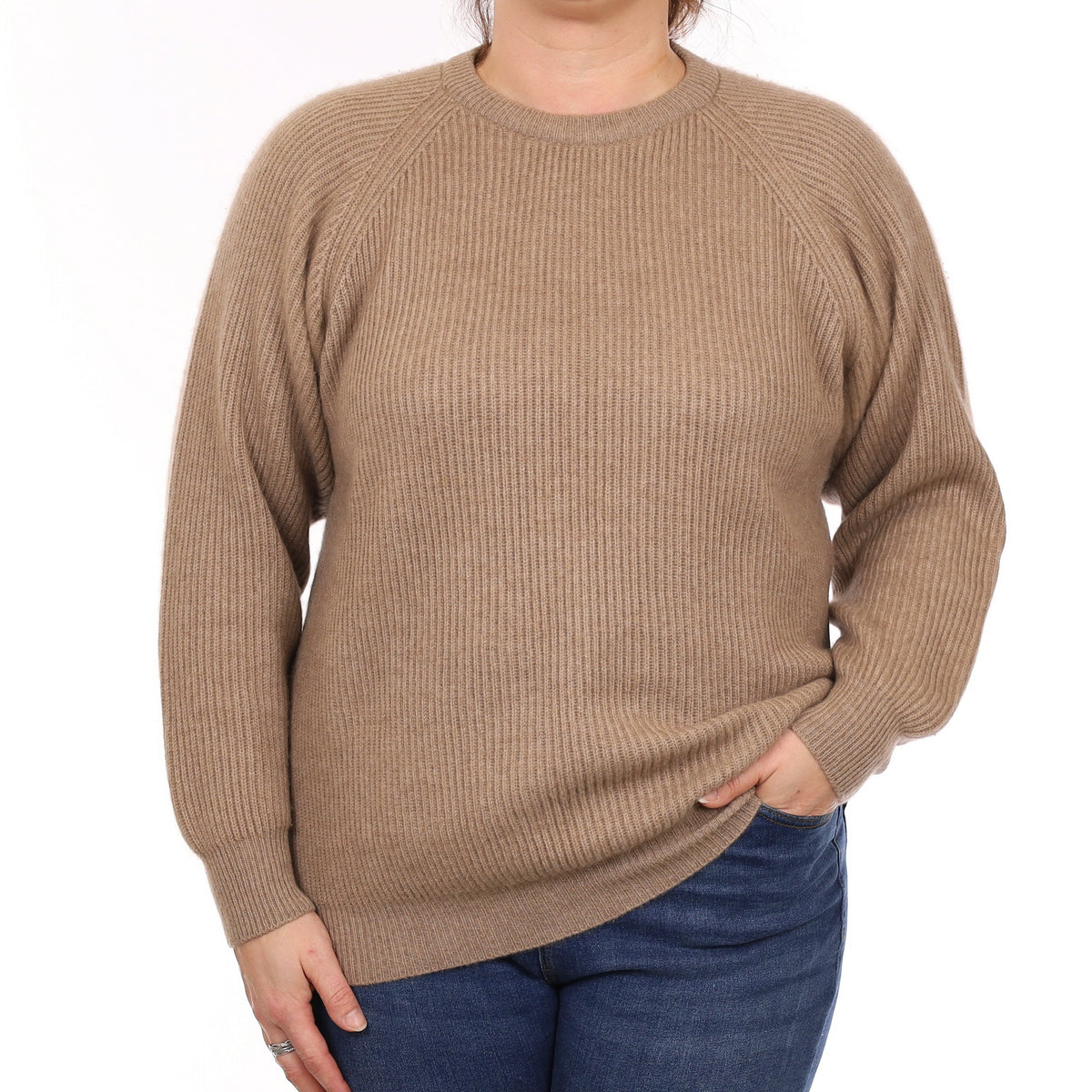 Taupe Brown Chunky Rib Cashmere Crew Neck Jumper Large