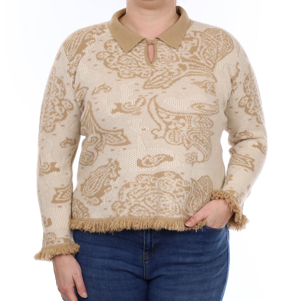 Camel and Cream Paisley Heavy Knit Cashmere Collared Jumper Large