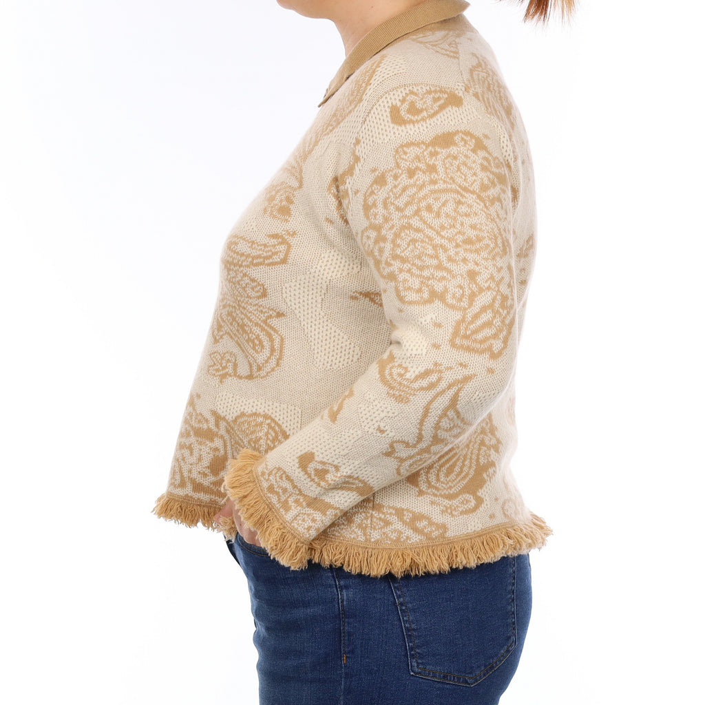 Camel and Cream Paisley Heavy Knit Cashmere Collared Jumper Large