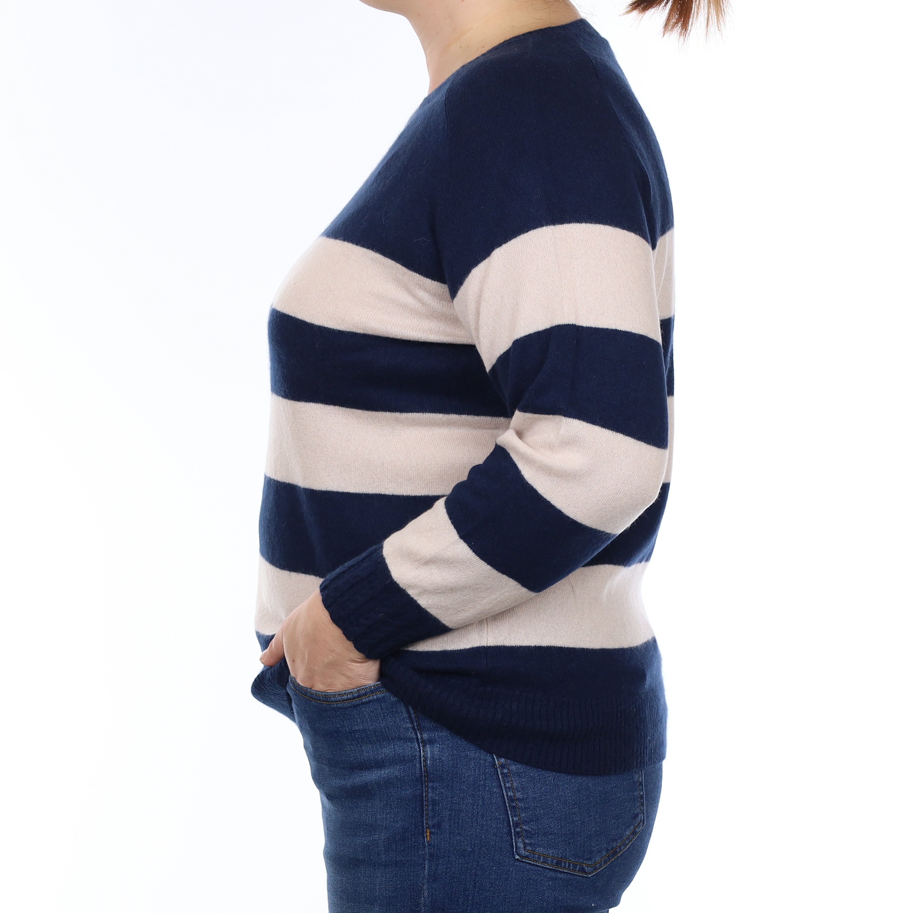 Balmain Navy and Alabaster Stripe Cashmere Crew Neck Jumper Large