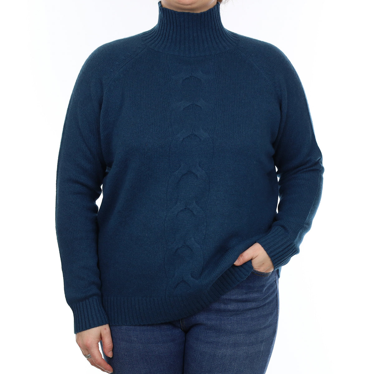 Petrol Blue Chunky Knit Cashmere Turtleneck Jumper Large