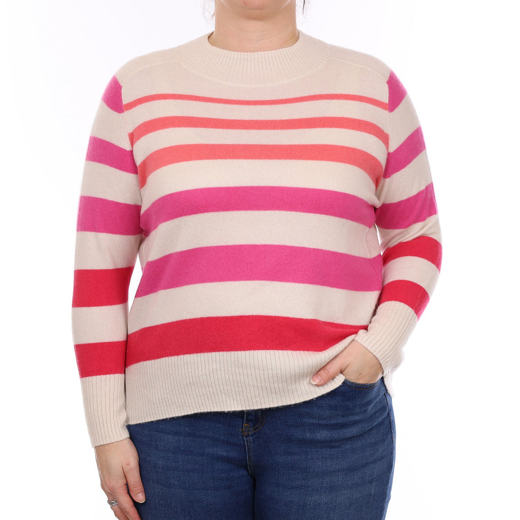 Ivory and Pink Stripe Cashmere Turtleneck Jumper Large