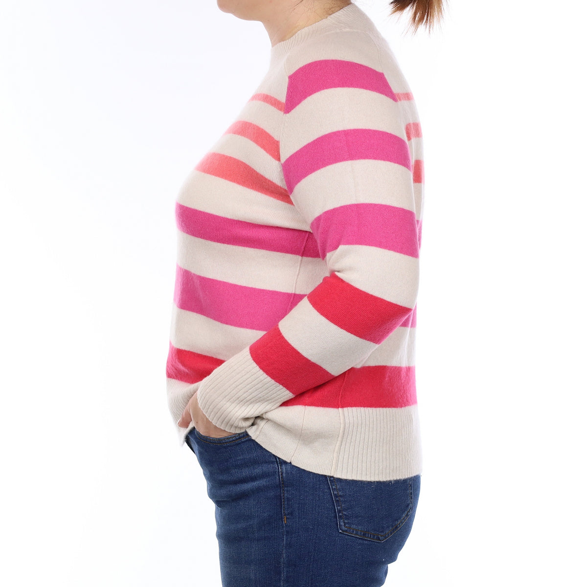 Ivory and Pink Stripe Cashmere Turtleneck Jumper Large