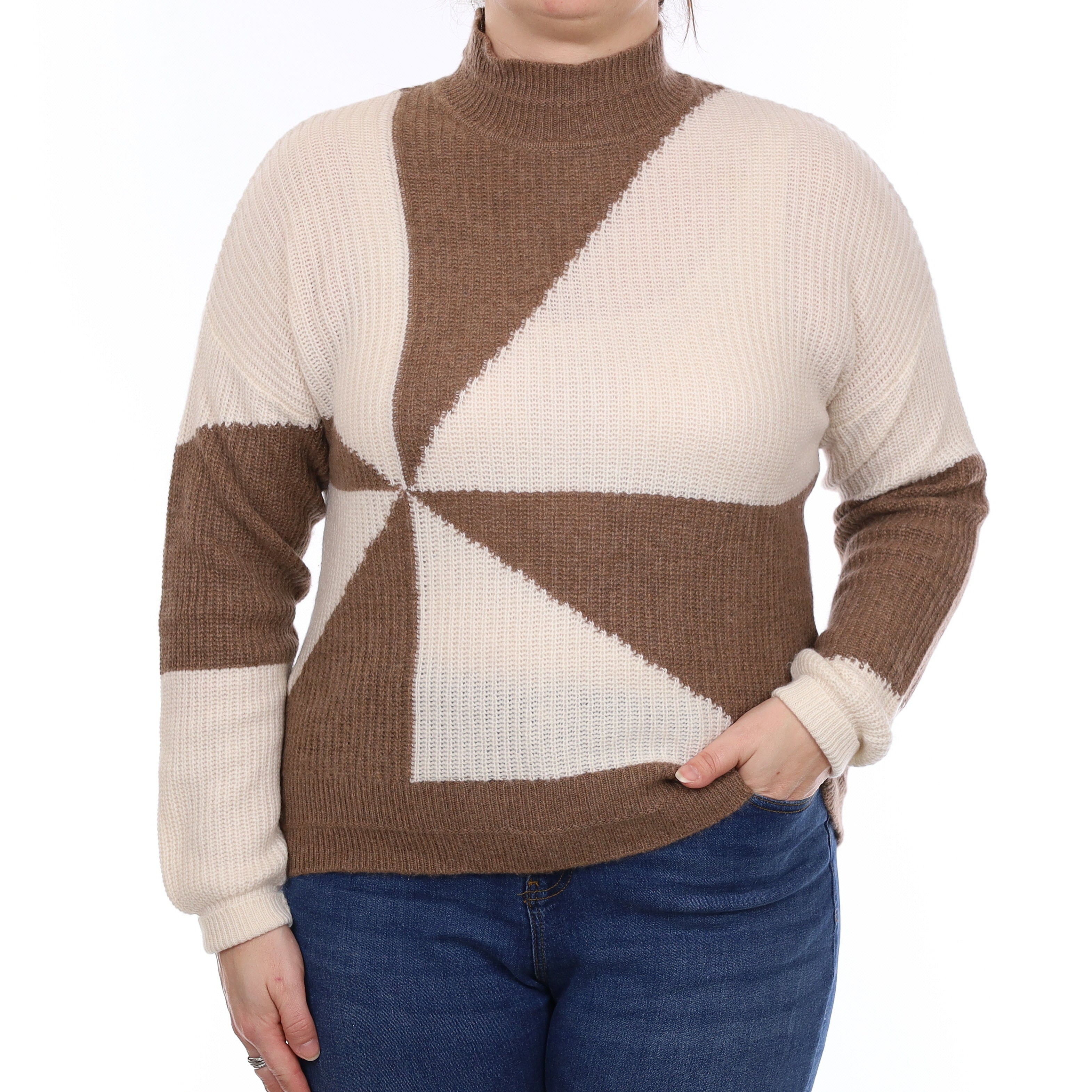 Mocha and Cream Chunky Cashmere Turtleneck Jumper Large