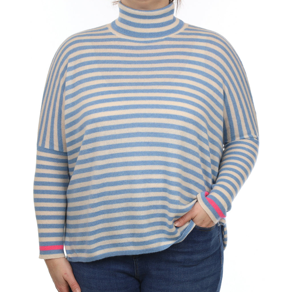 Blue and Alabaster Stripe Cashmere Slouchy Polo Neck Jumper Large