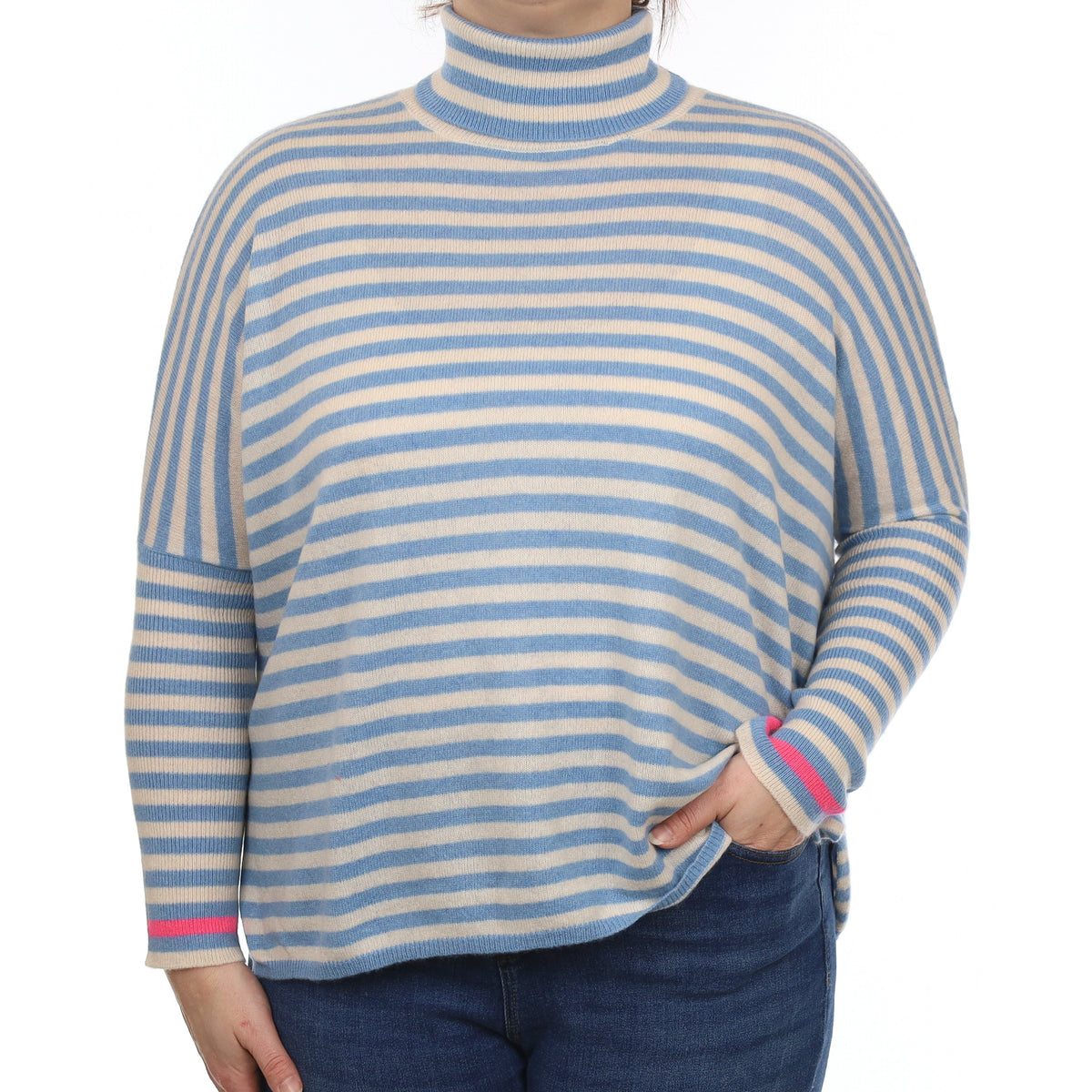 Blue and Alabaster Stripe Cashmere Slouchy Polo Neck Jumper Large