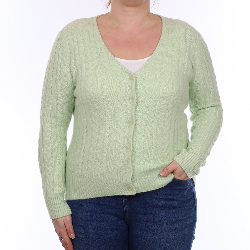 Pale Green Chunky Cable Cashmere V Neck Cardigan Large