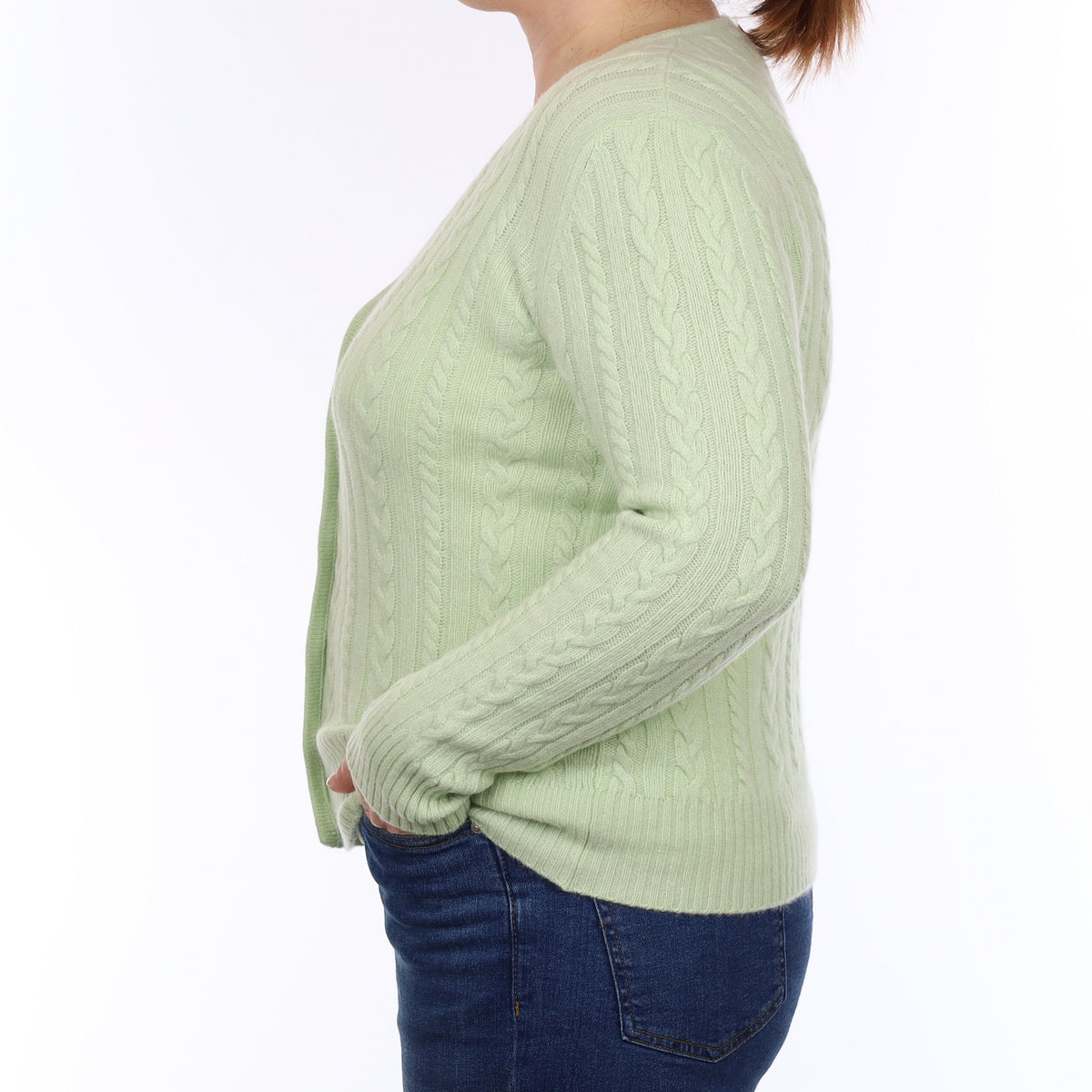 Pale Green Chunky Cable Cashmere V Neck Cardigan Large