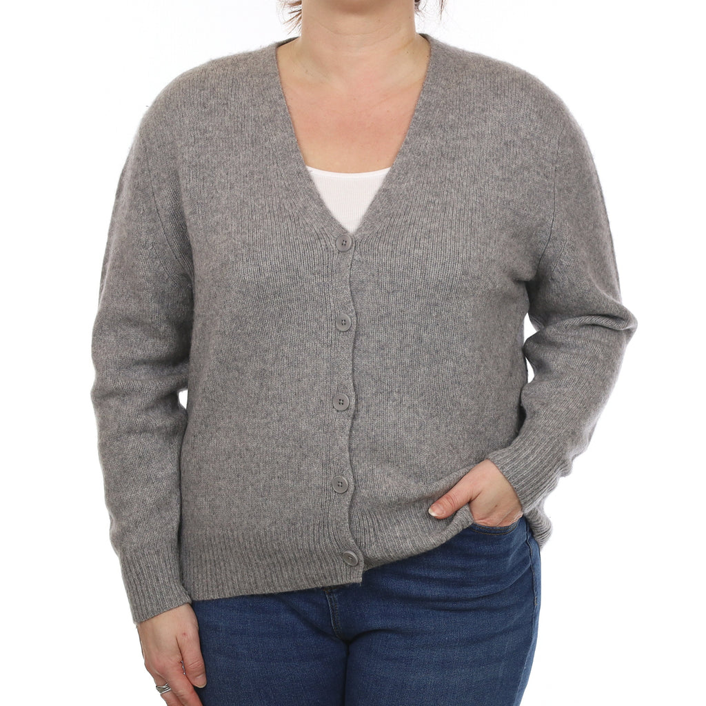 Smoke Grey Chunky Knit Cashmere V Neck Cardigan Large