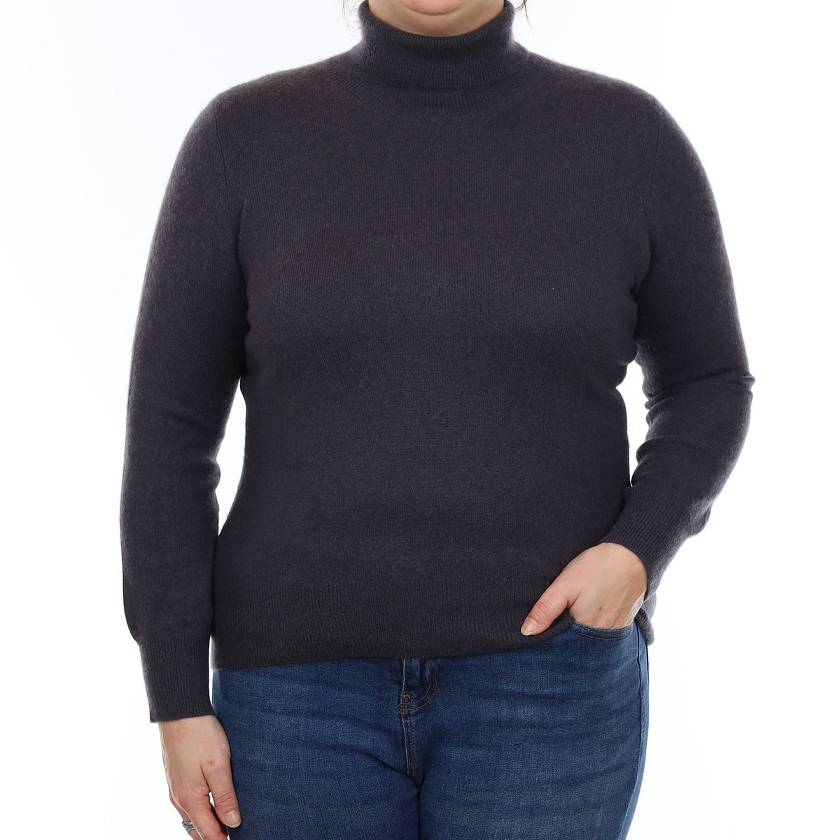 Stone Grey Cashmere Polo Neck Jumper Large