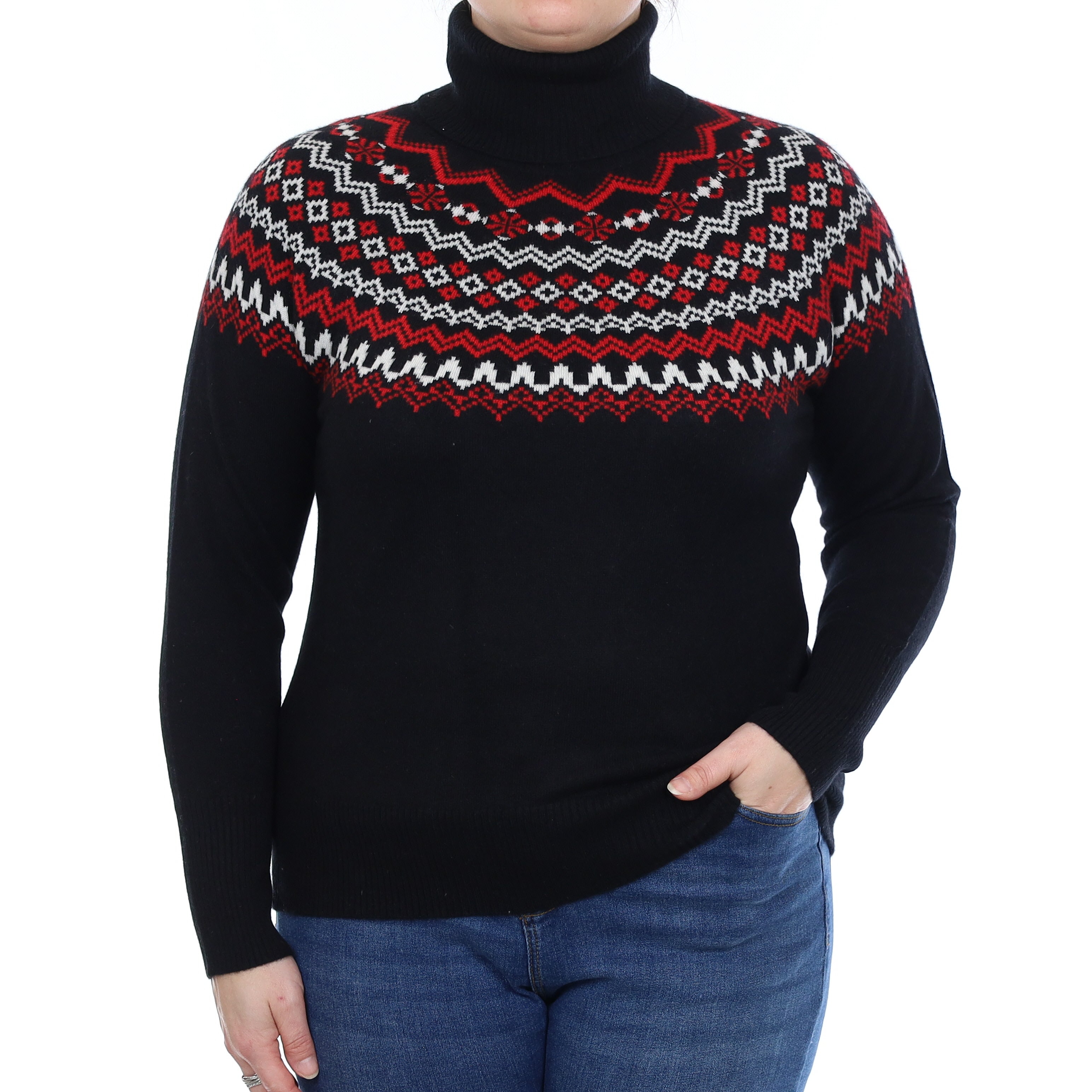 Black and Red Fair Isle Cashmere Polo Neck Jumper Large