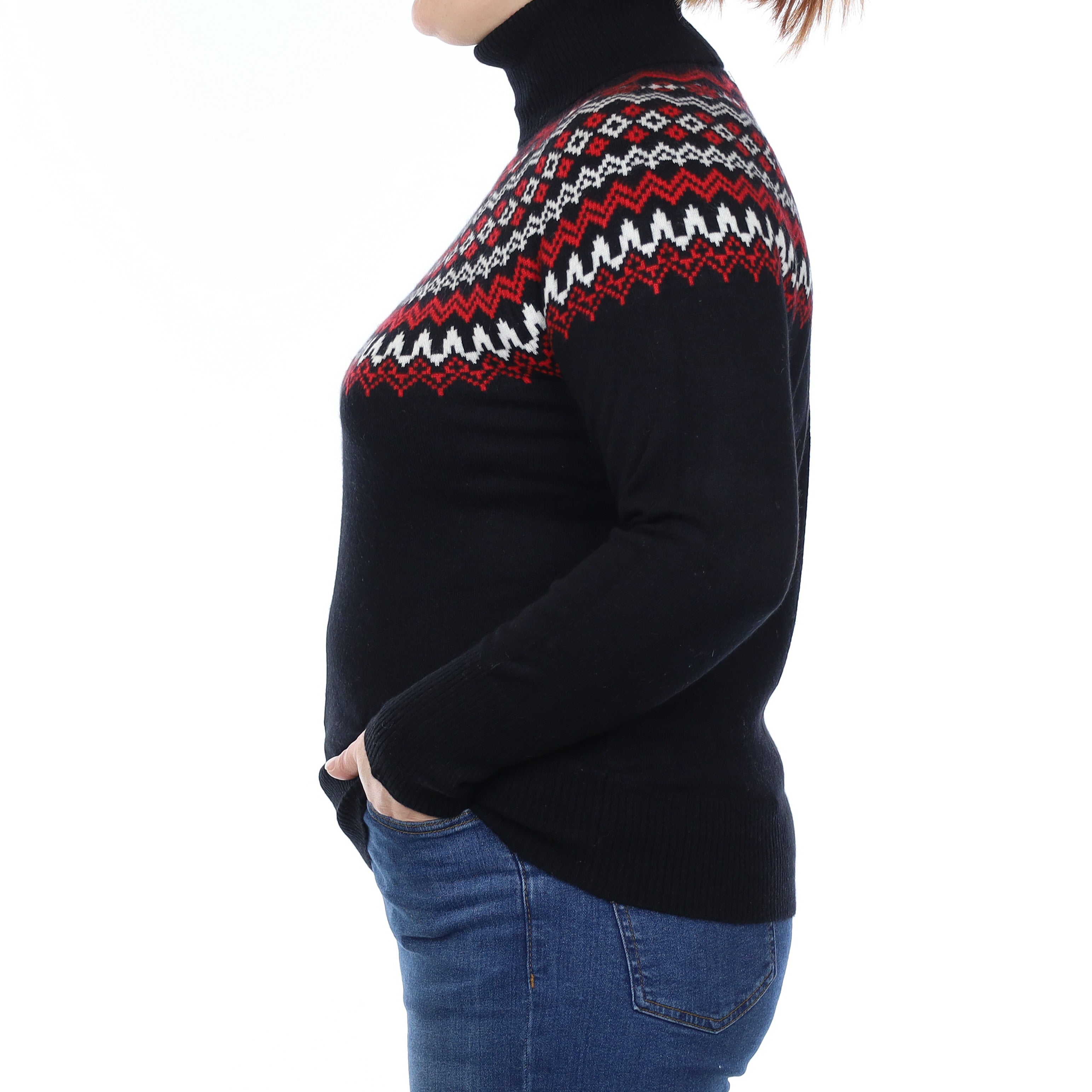 Black and Red Fair Isle Cashmere Polo Neck Jumper Large