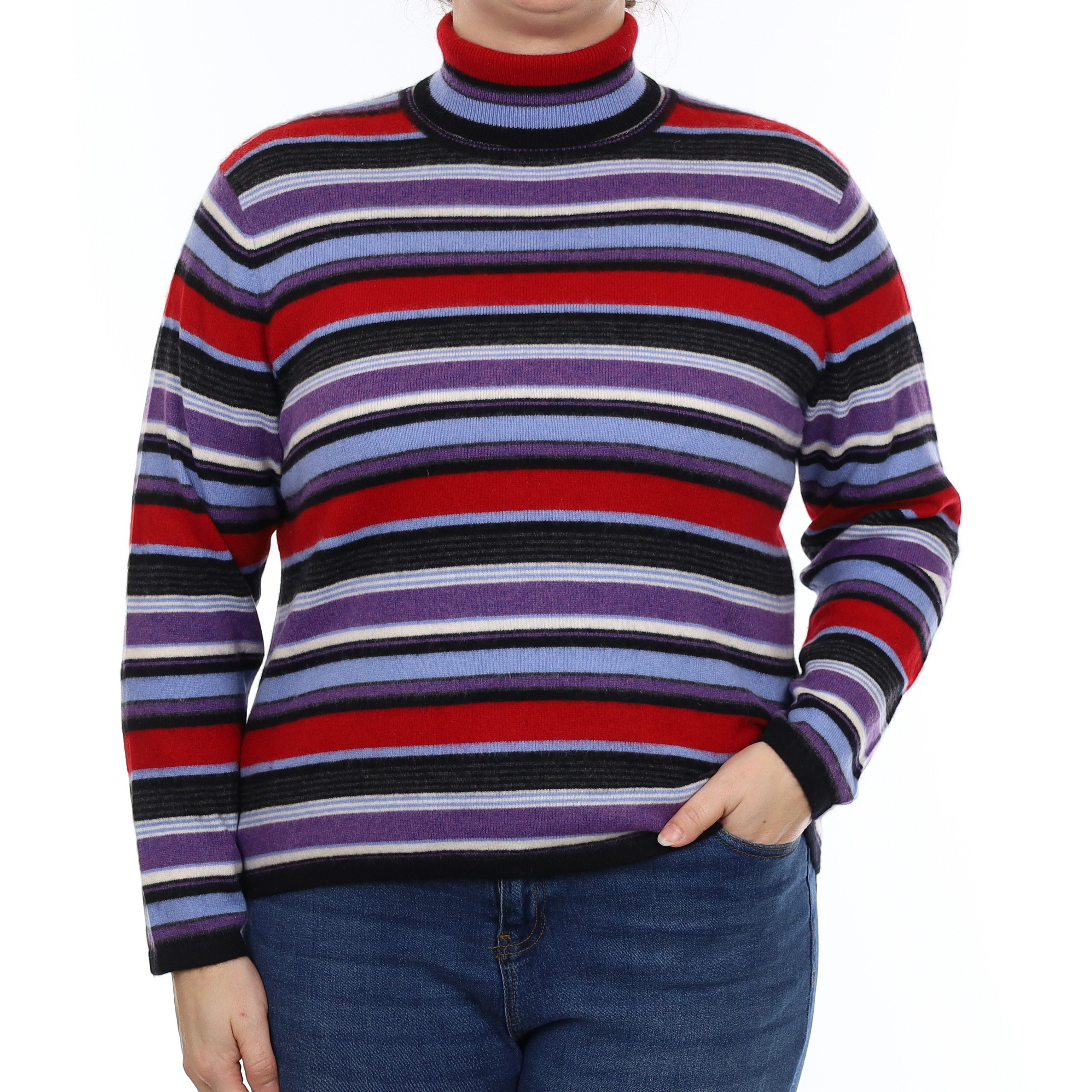 Orvis Purple and Red Stripe Cashmere Polo Neck Jumper Large