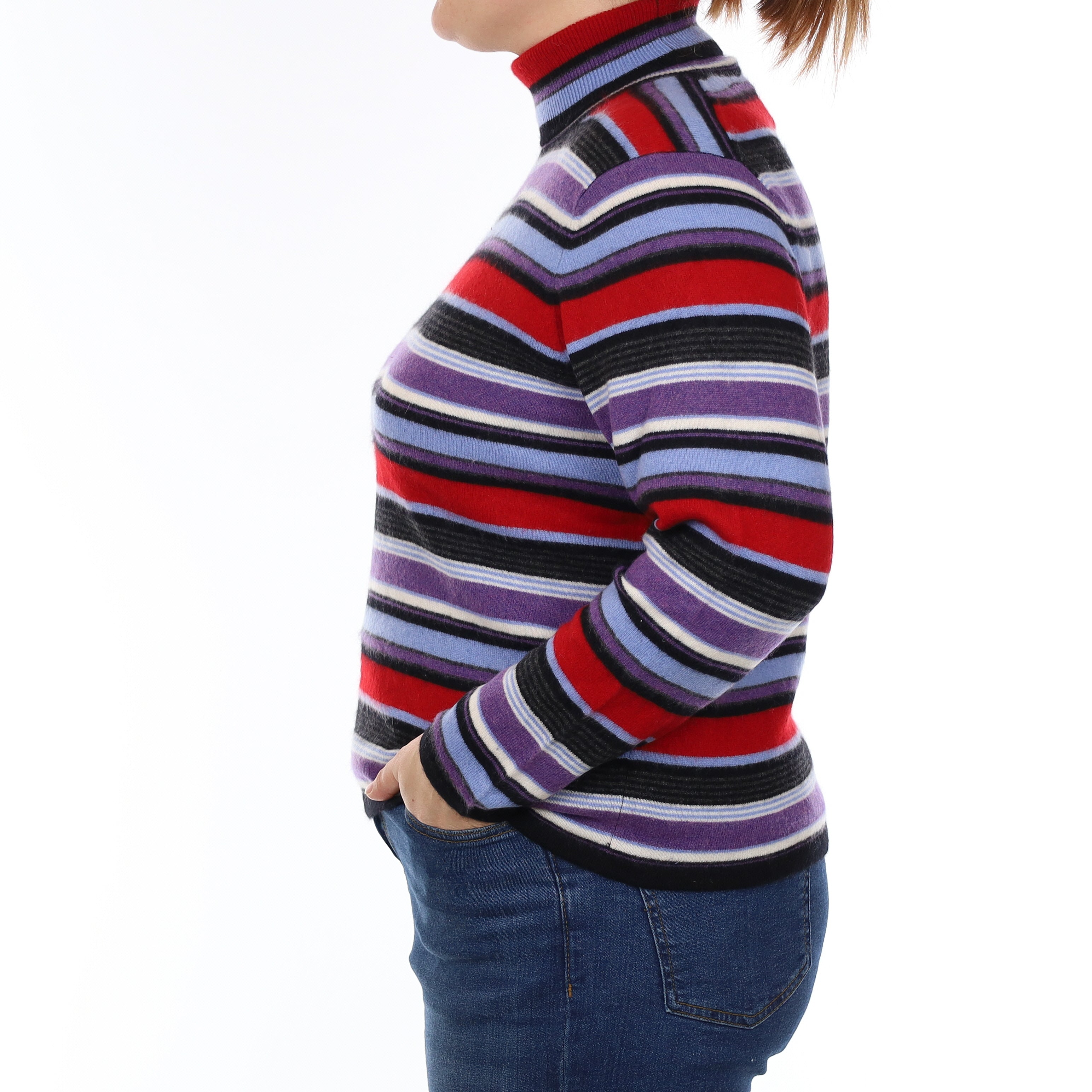 Orvis Purple and Red Stripe Cashmere Polo Neck Jumper Large