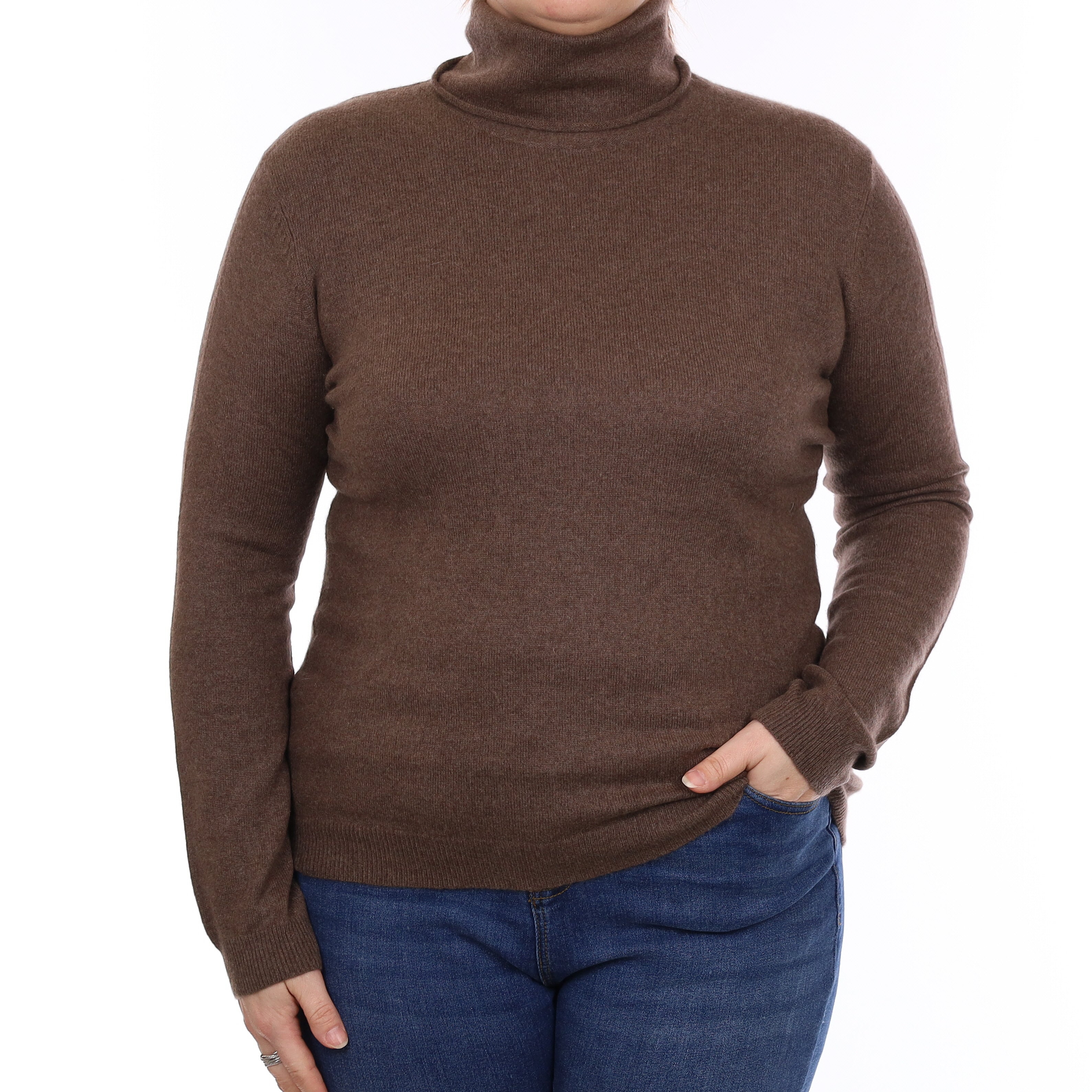 Mocha Brown Cashmere Polo Neck Jumper Large