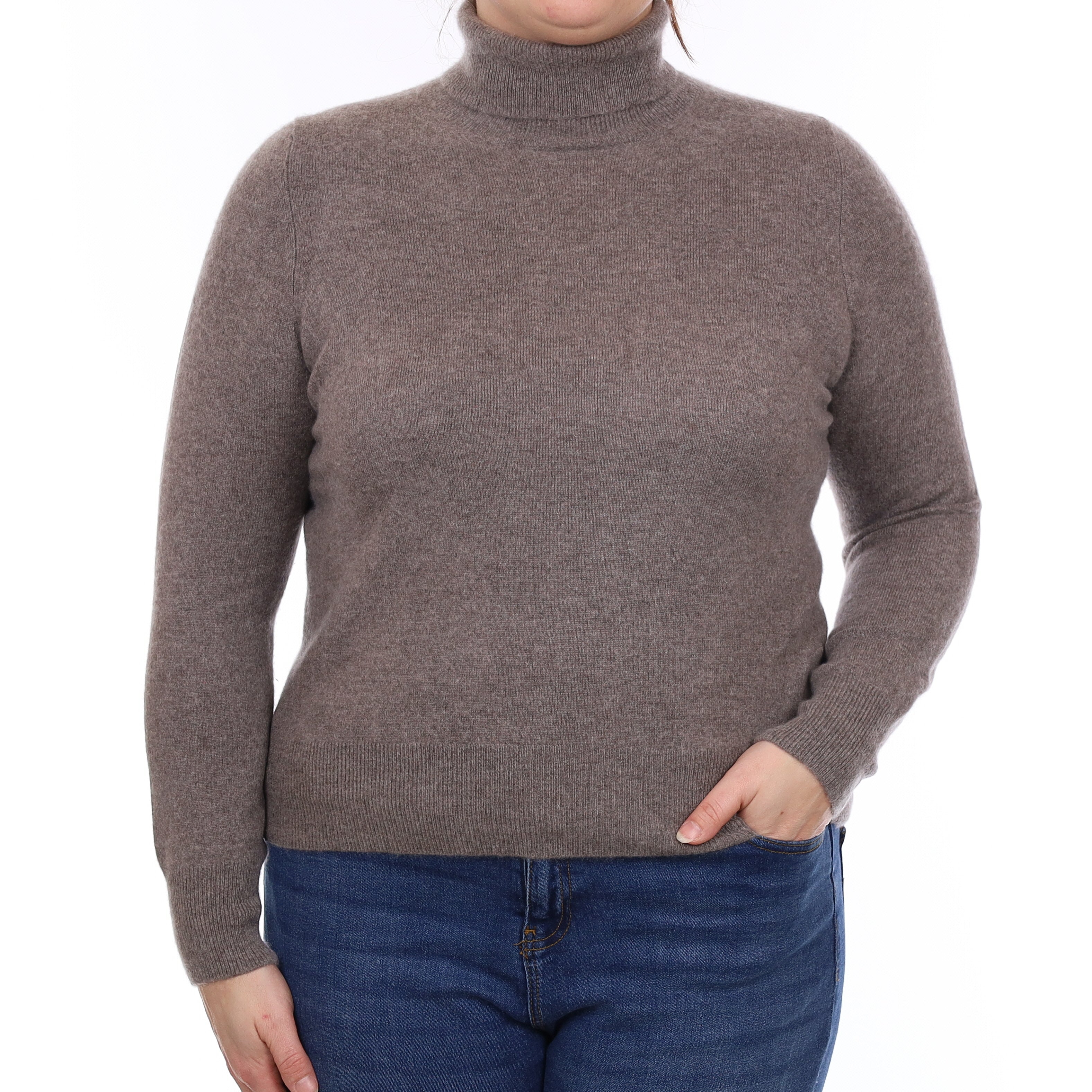 Mink Brown Marl Cashmere Polo Neck Jumper Large