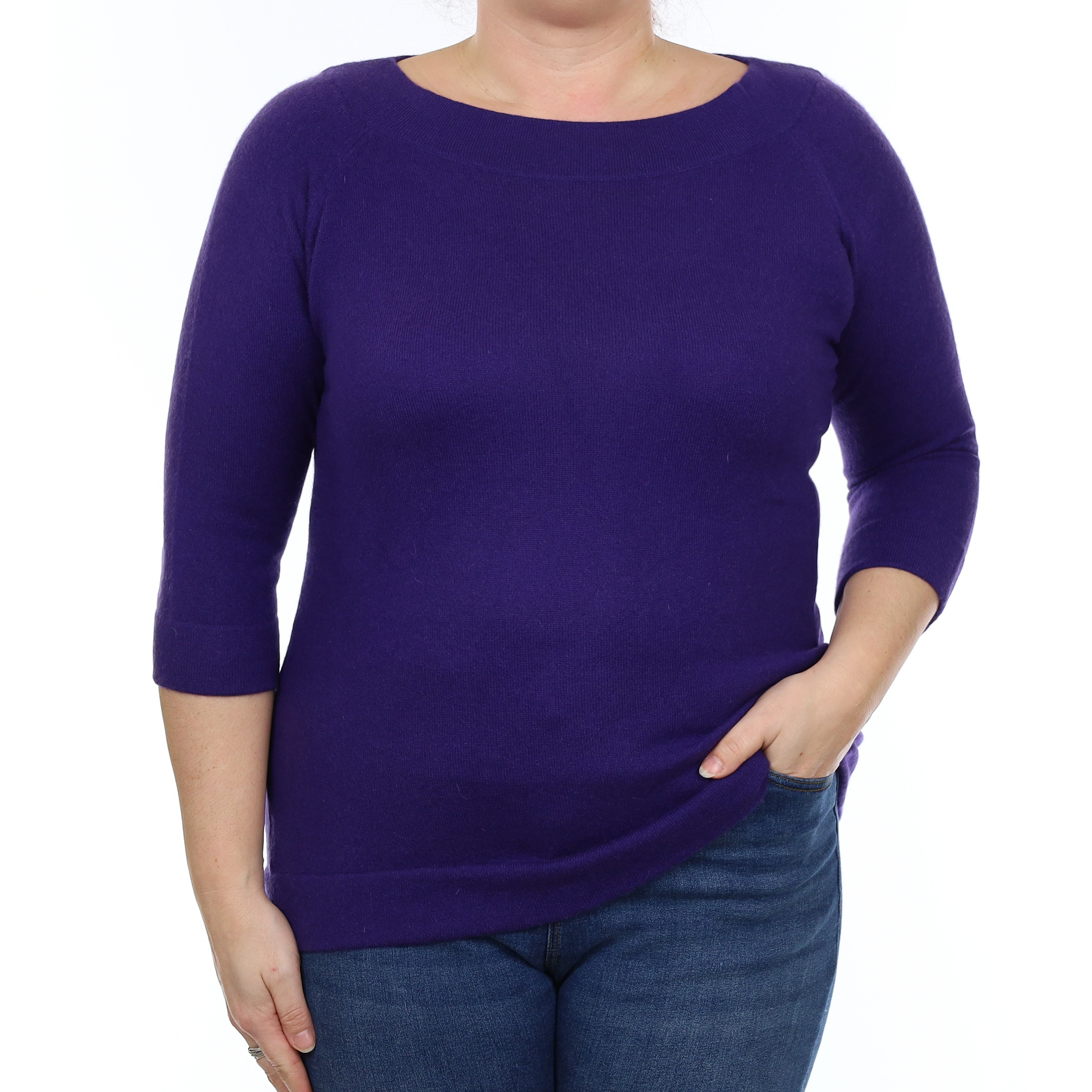 Iris Purple Cashmere 3/4 Sleeve Boat Neck Jumper Large