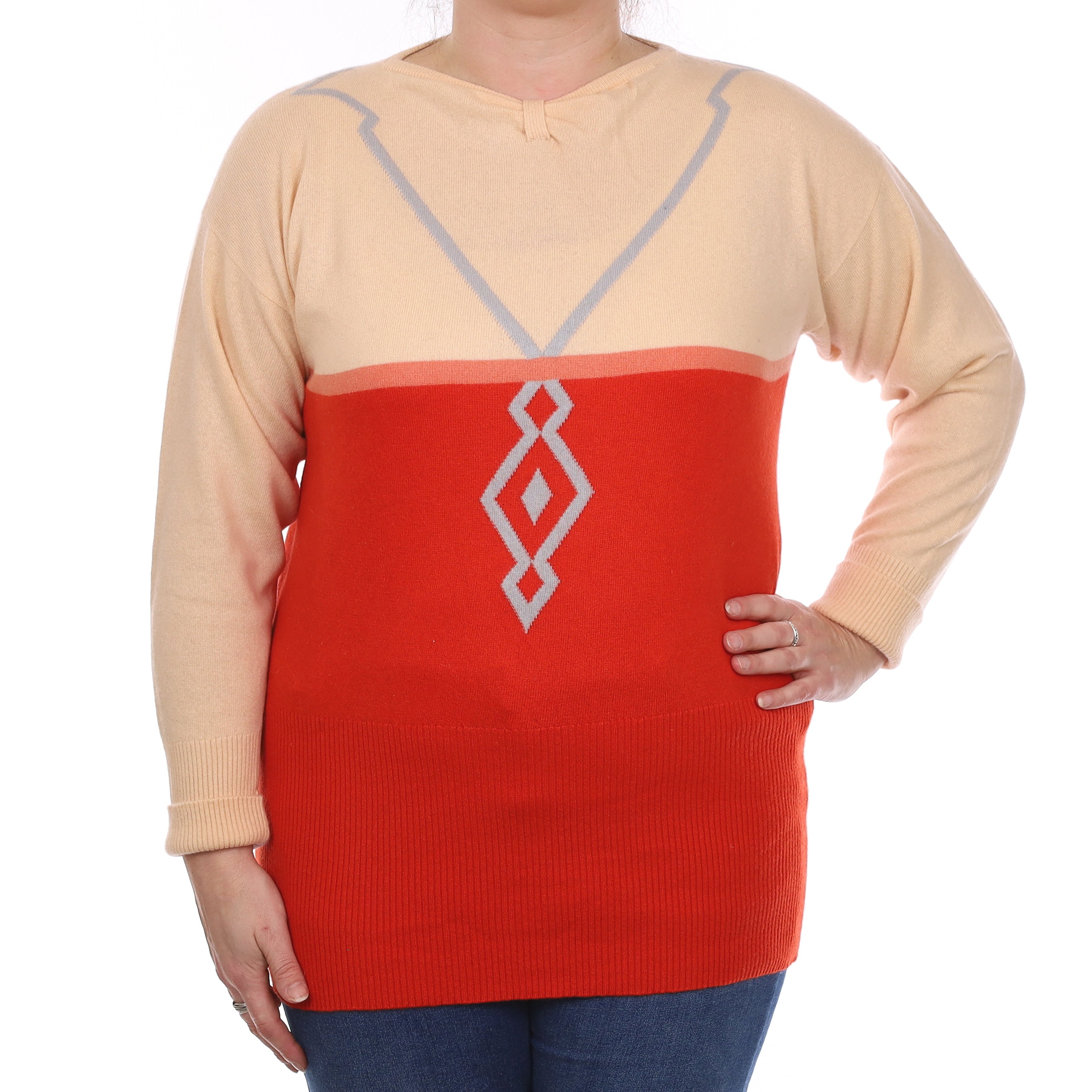 Scottish Orange and Peach Pattern Cashmere Crew Neck Jumper Large