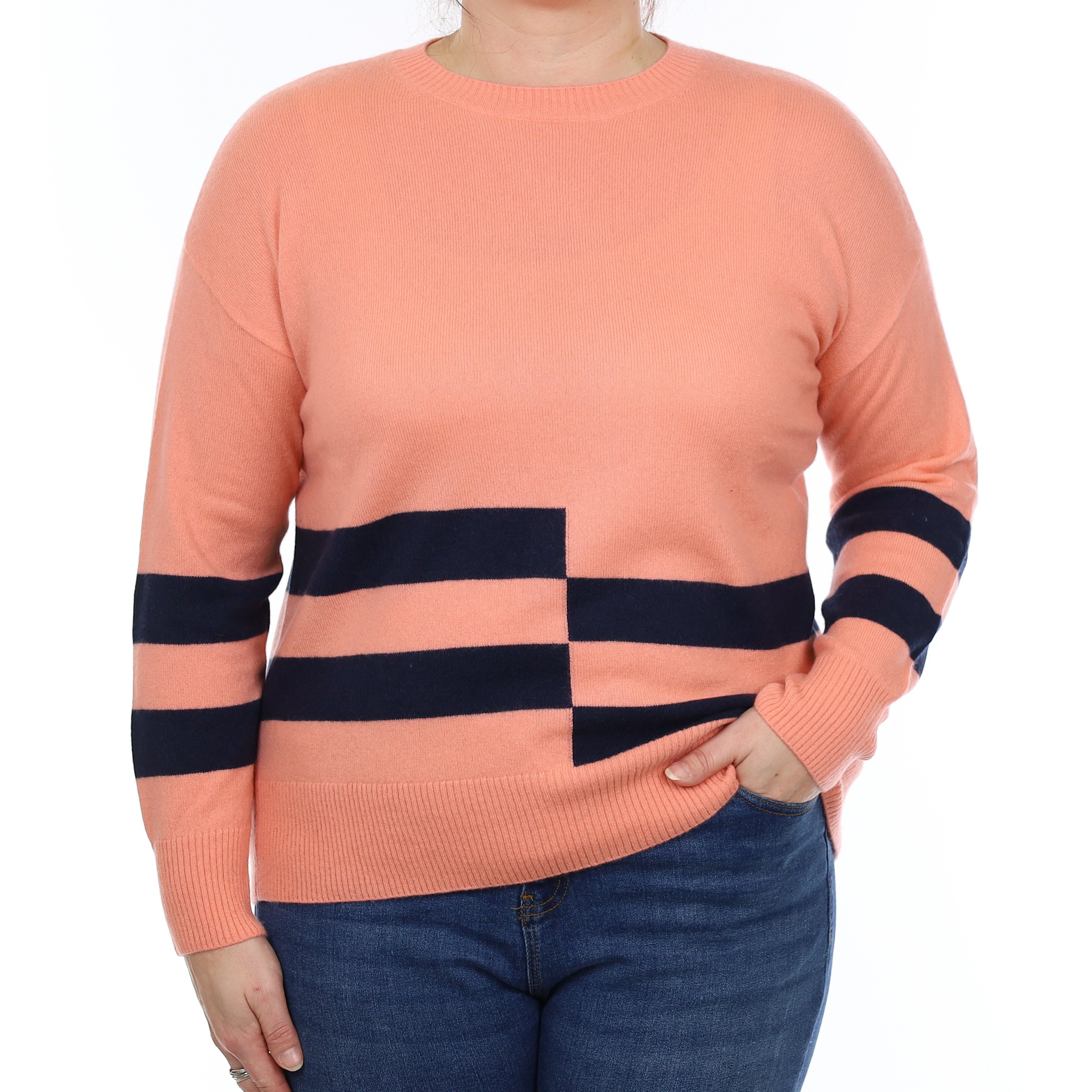 Peach and Navy Stripe Cashmere Crew Neck Jumper Large