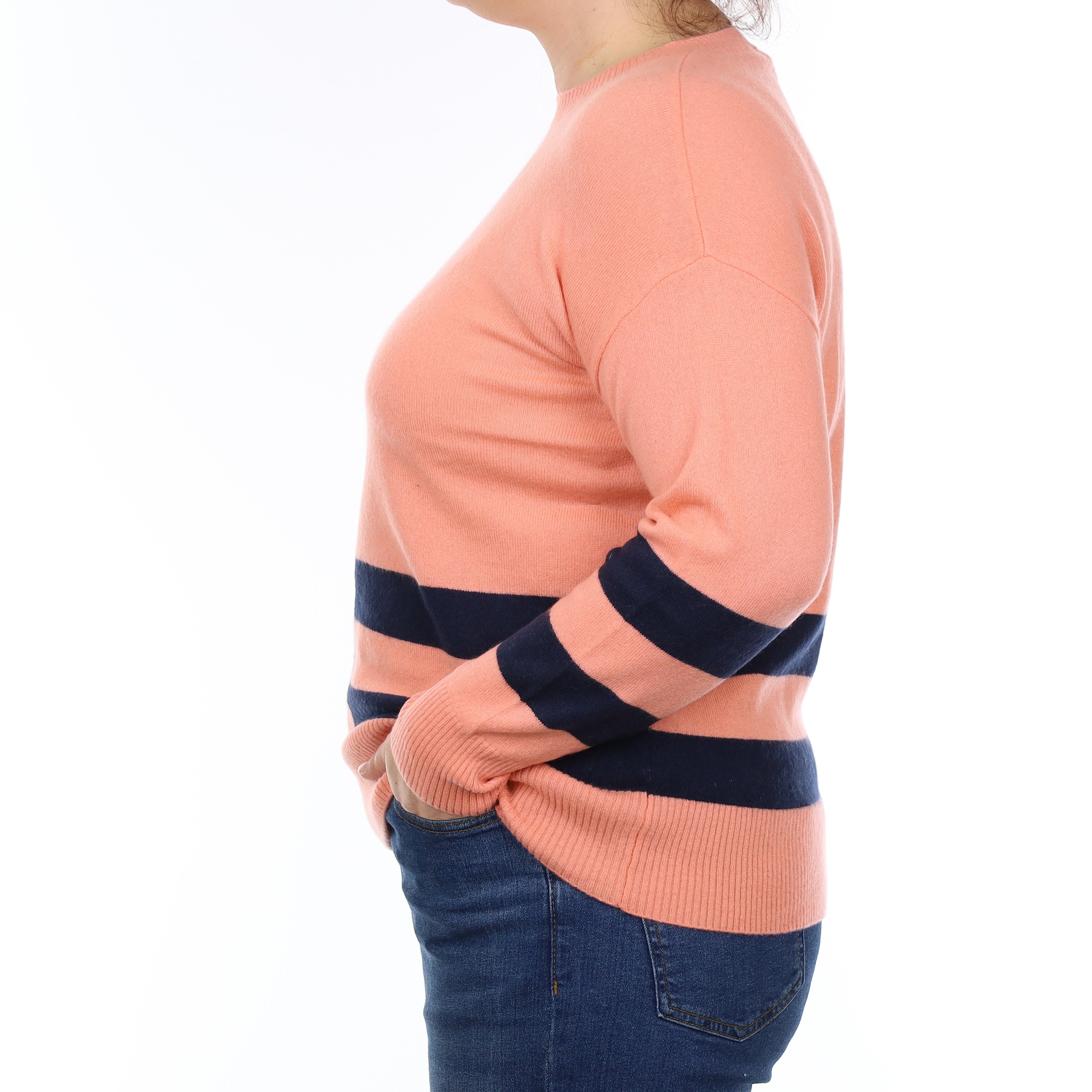 Peach and Navy Stripe Cashmere Crew Neck Jumper Large