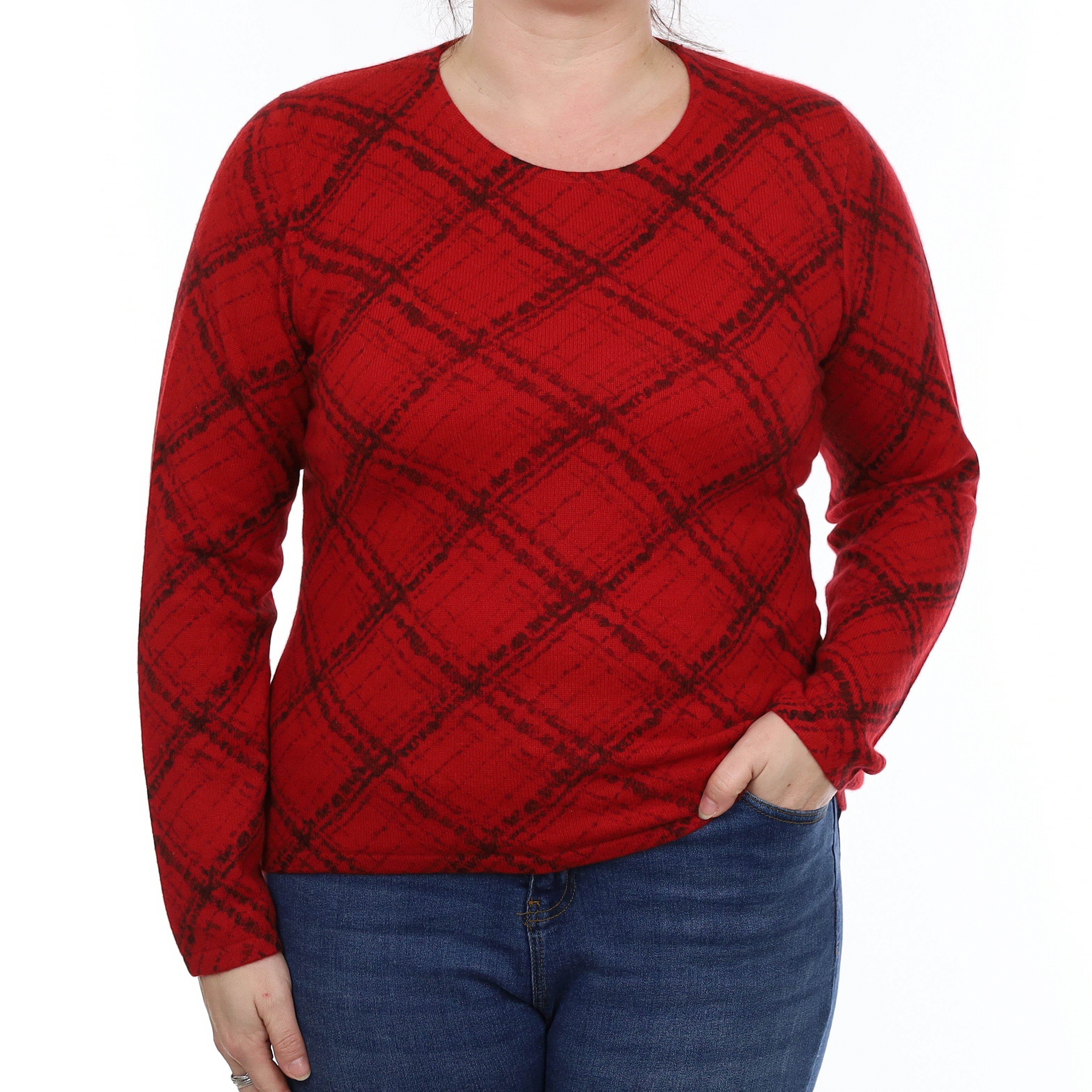 Red and Black Pattern Cashmere Crew Neck Jumper Large