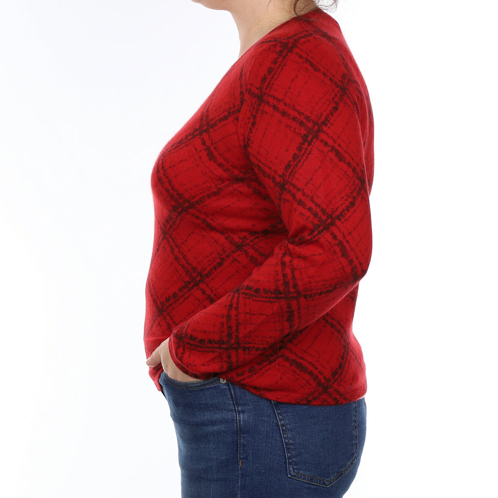 Red and Black Pattern Cashmere Crew Neck Jumper Large