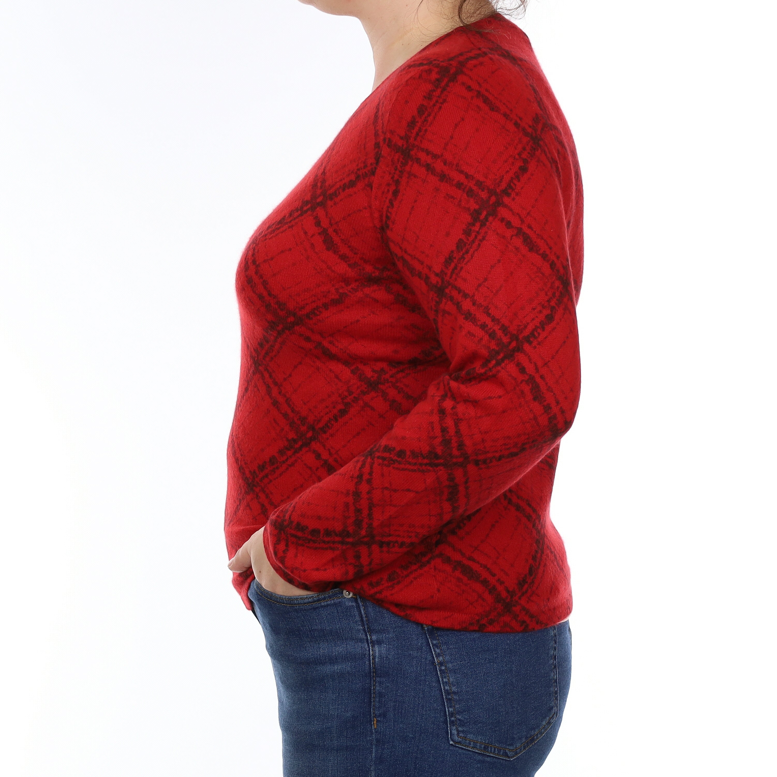 Red and Black Pattern Cashmere Crew Neck Jumper Large