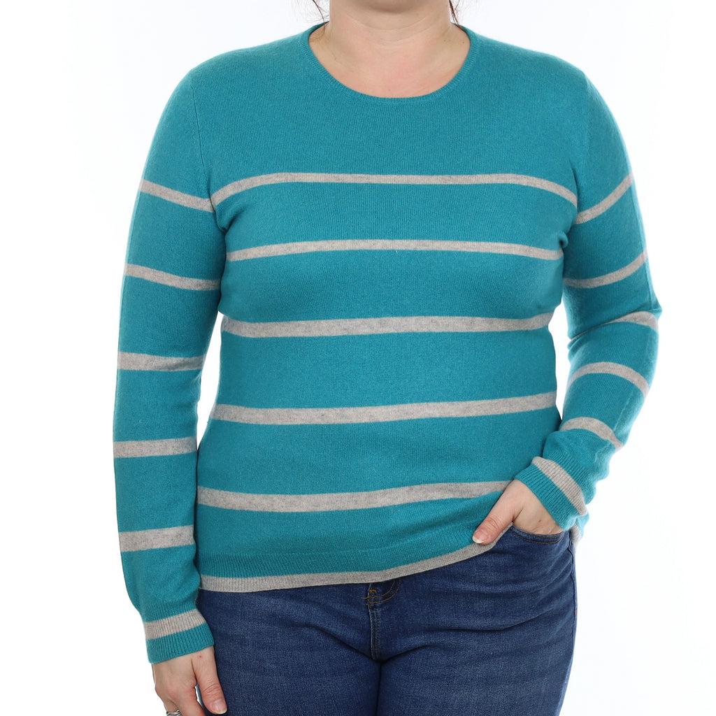 Turquoise and Grey Stripe Cashmere Crew Neck Jumper Large