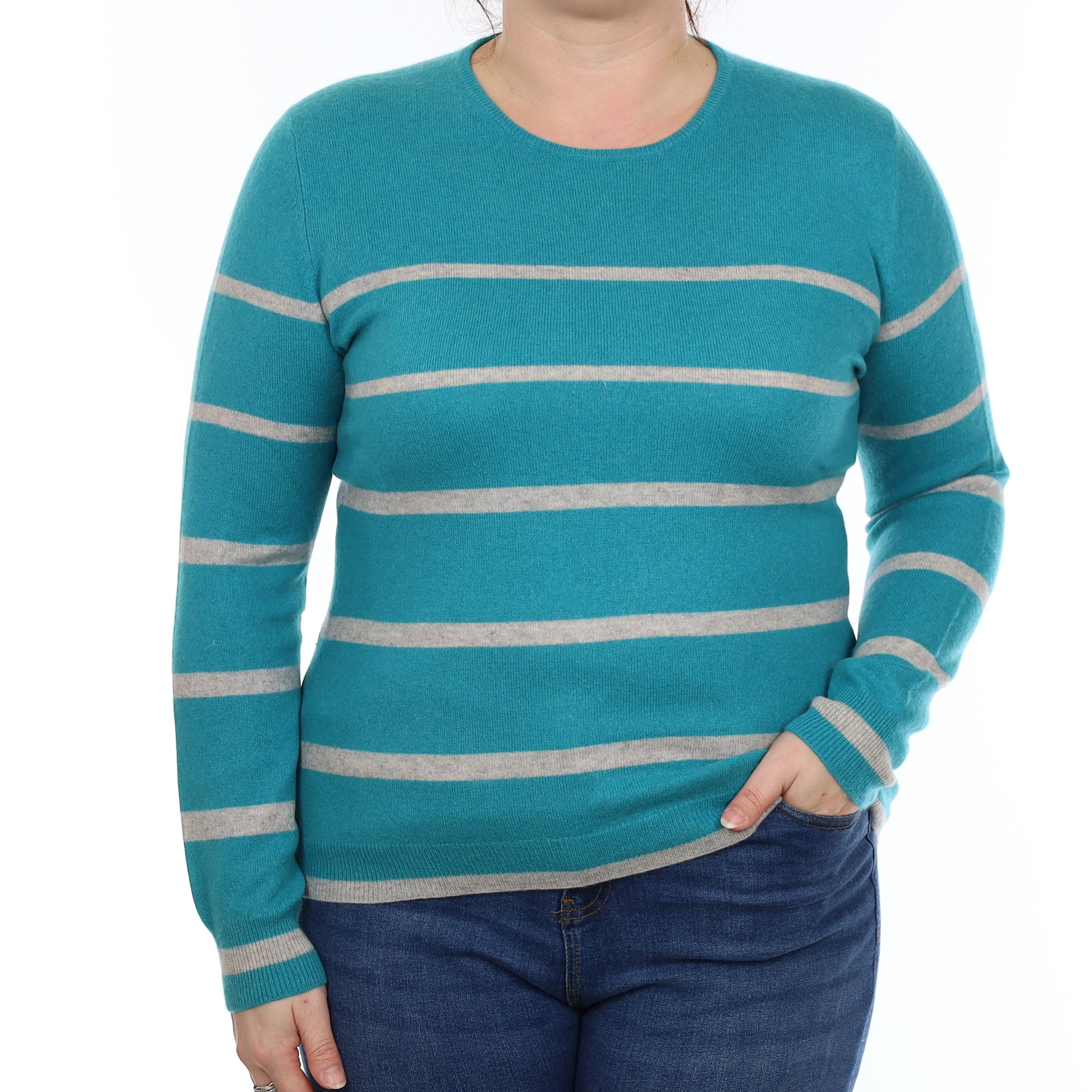 Turquoise and Grey Stripe Cashmere Crew Neck Jumper Large