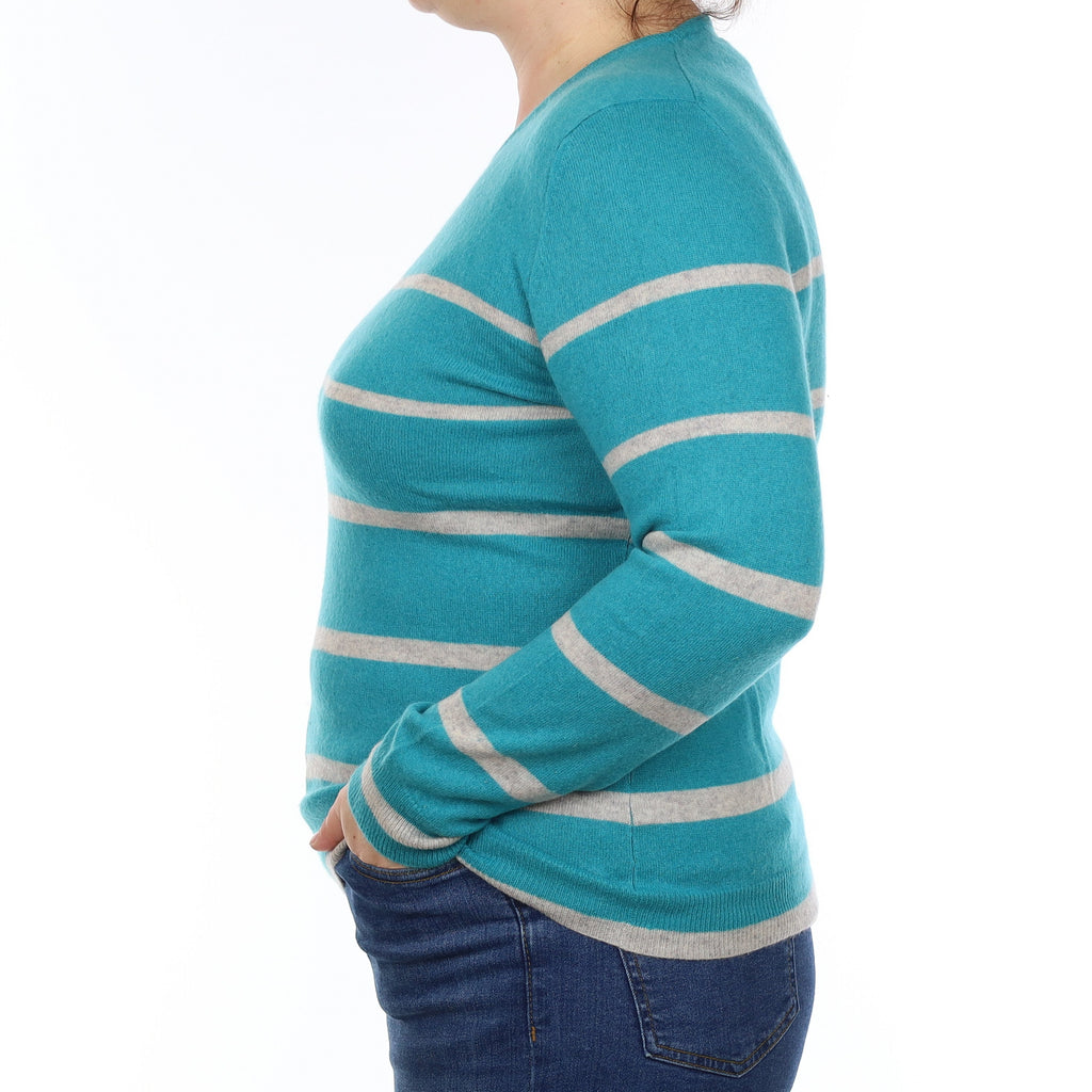 Turquoise and Grey Stripe Cashmere Crew Neck Jumper Large
