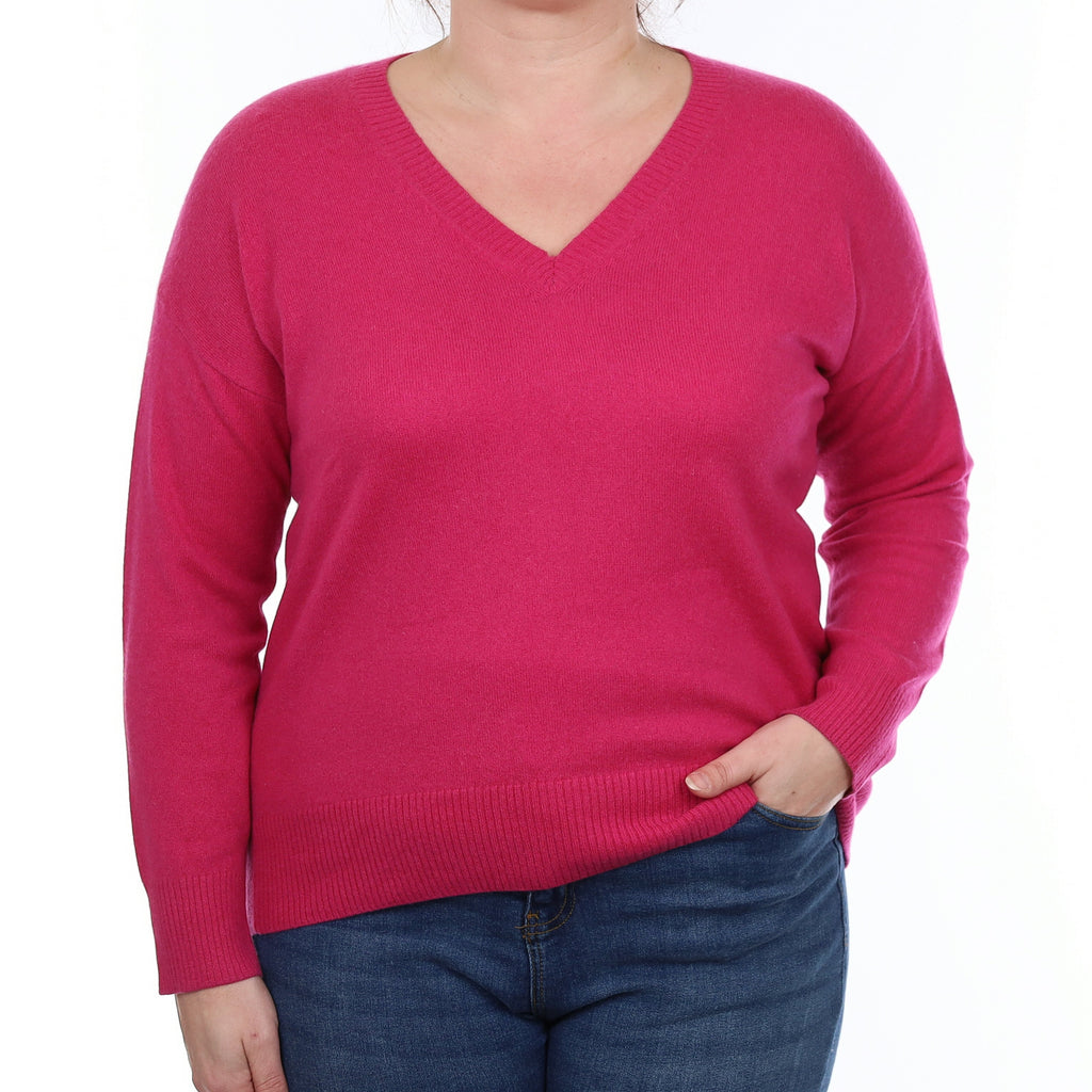 Fuchsia Pink Cashmere V Neck Jumper Large