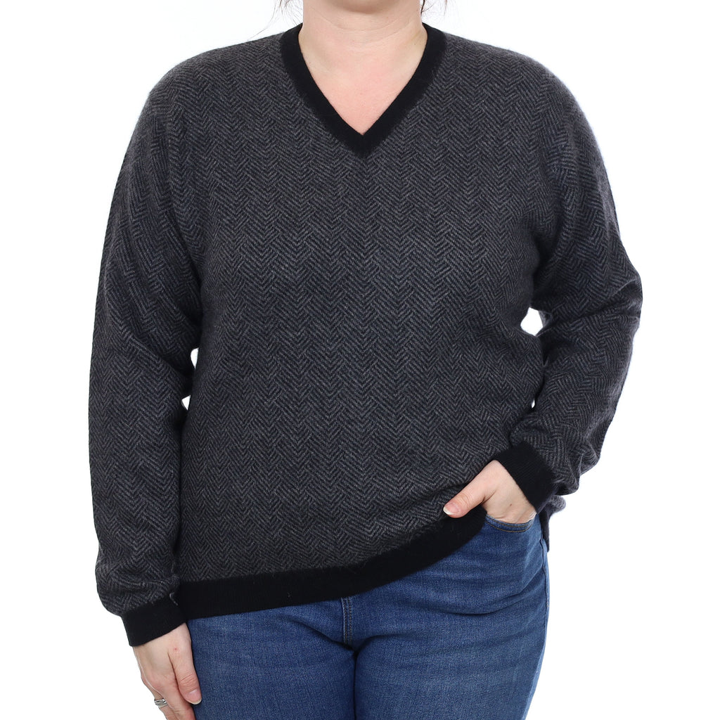 Orvis Grey Herringbone Heavy Knit Cashmere V Neck Jumper Large