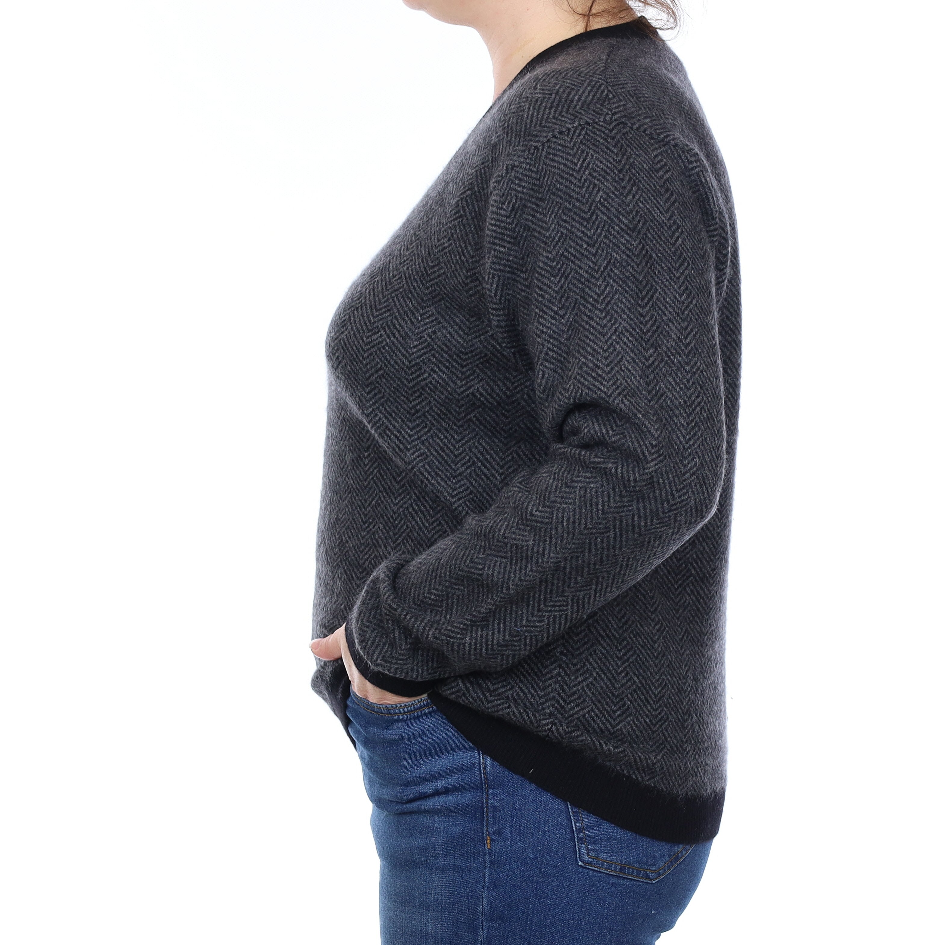 Orvis Grey Herringbone Heavy Knit Cashmere V Neck Jumper Large
