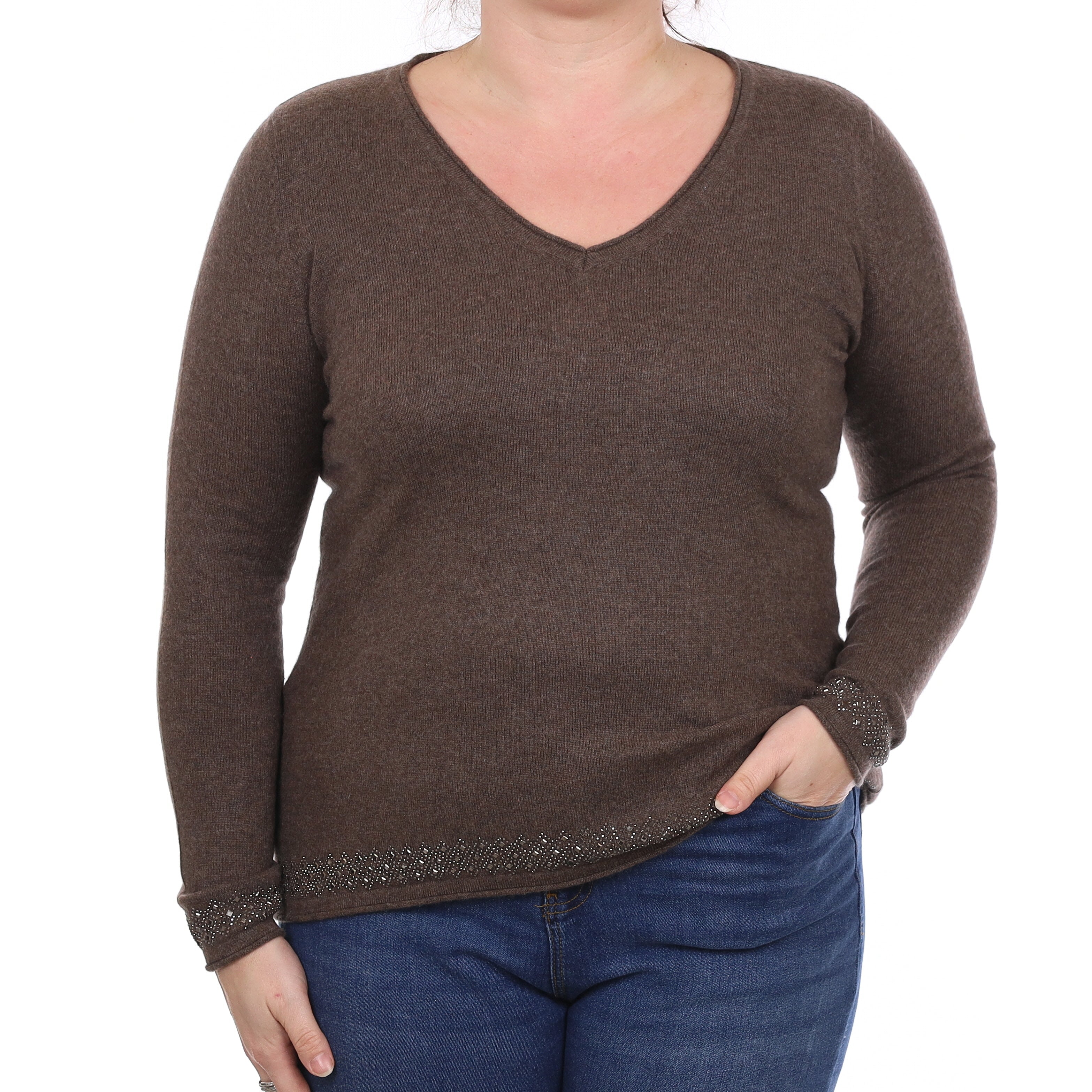 Mocha Brown Embellished Cashmere V Neck Jumper Large