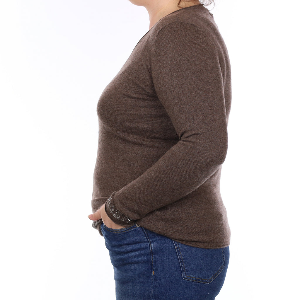 Mocha Brown Embellished Cashmere V Neck Jumper Large